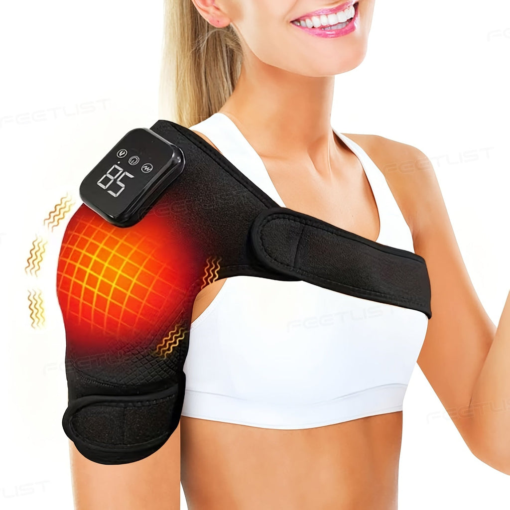 Cordless Heated Shoulder Massager with Vibration – 3 Heat Levels & 3 Vibration Intensities Electric Heating Pad for Shoulder, Elbow & Knee Pain Relief, LED Touch Screen, USB & Battery Powered