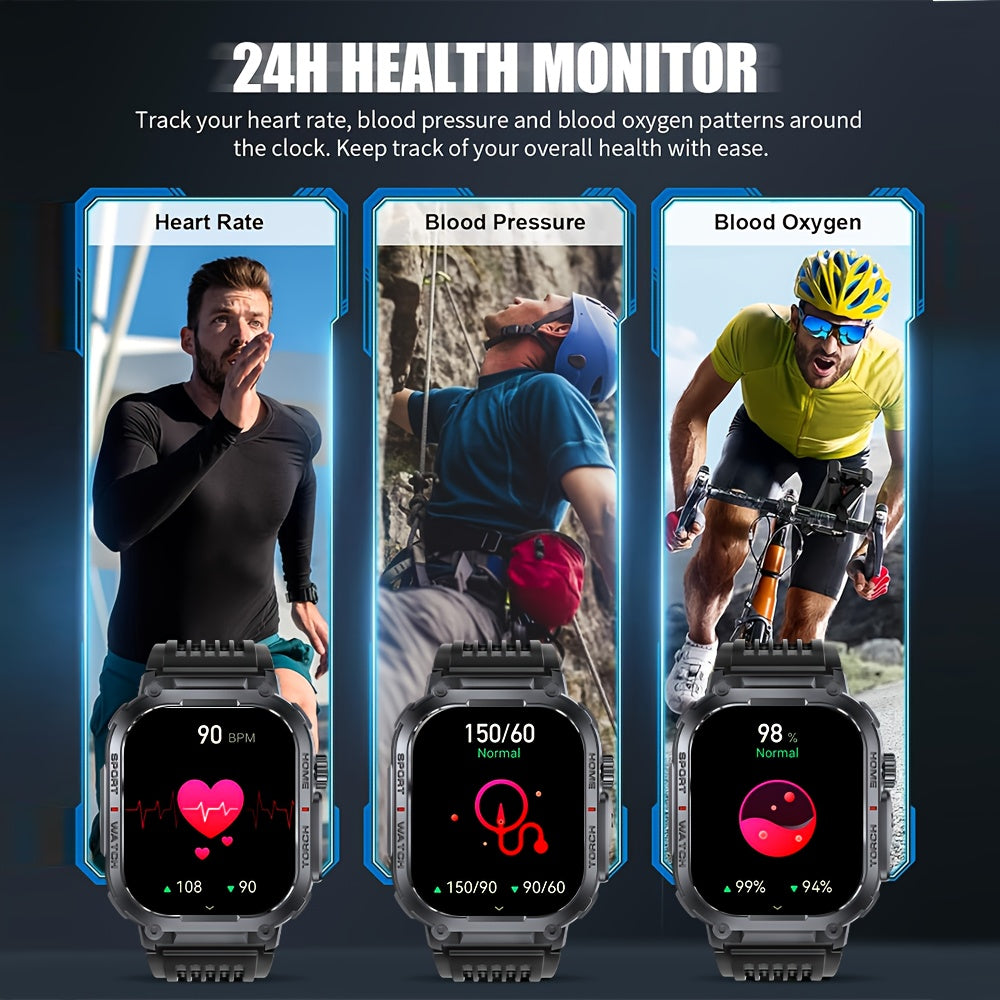 Smart Watch for Men with Call Function, IP68 Waterproof Outdoor Smartwatch 2.02" LED Flashlight, 400mAh Battery, Compass Pedometer Calorie Pressure Monitor Fitness Tracker for iPhone Android