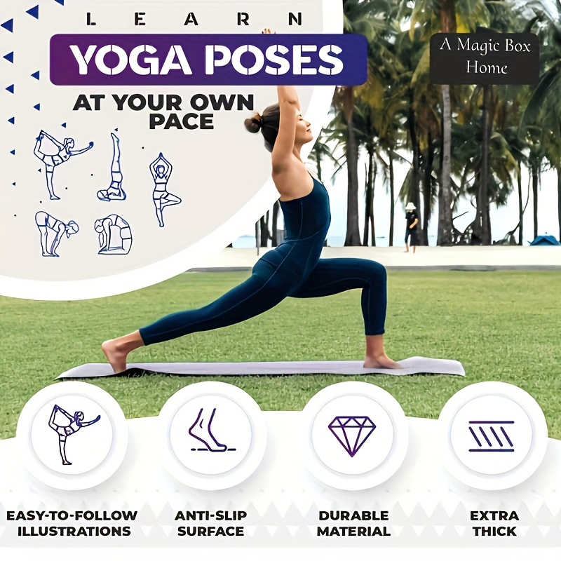 Yoga Mat with 75 Yoga Pose Illustrations & Side Storage Bag – Non-Slip Extra Thick Flexible Durable Exercise Mat for Beginners Men Women – 75 Stretching Actions Cute Printed Yoga Mat