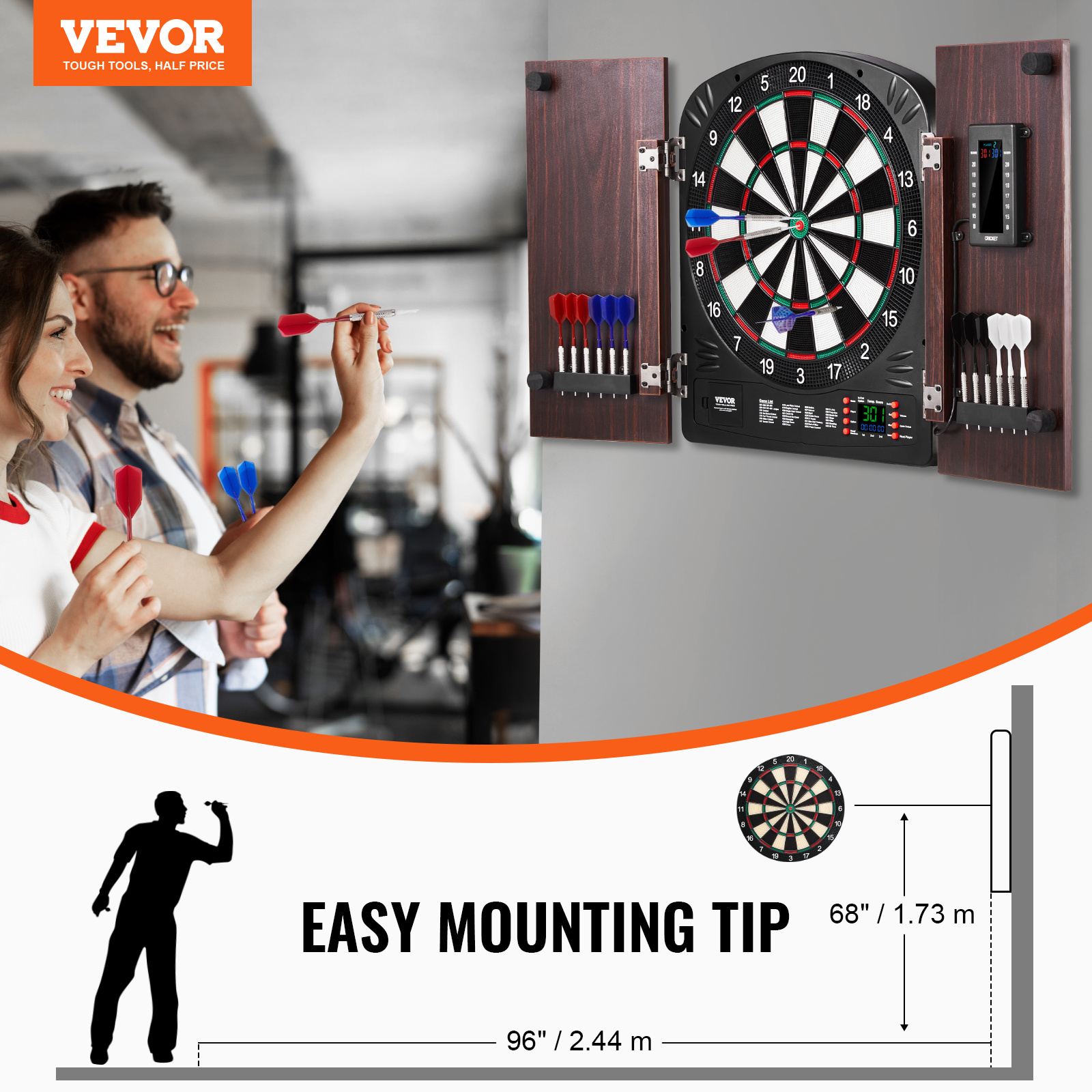Electronic Dartboard Cabinet Set with LED Scoring – 13.5" Soft Tip, 40 Games 590 Variations, Retro Wood Cabinet, 1-8 Players, 12 Darts & All Accessories Included