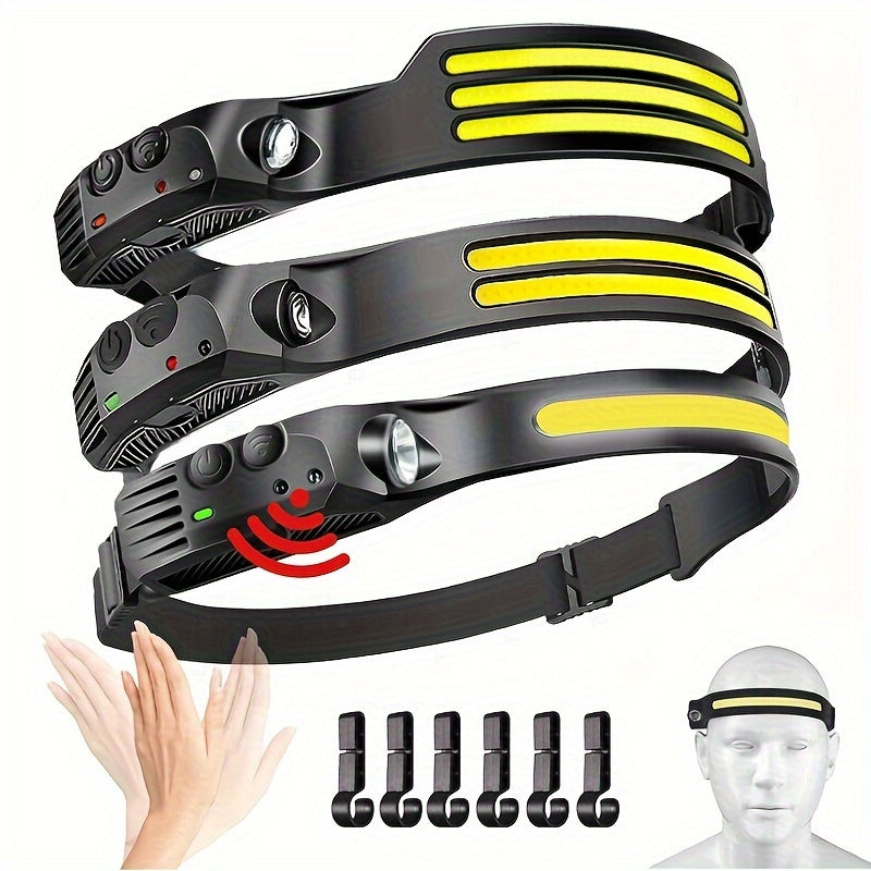 Motion Sensor COB Headlamp 3 Pack + 6 Hooks, 230° Wide Beam Rechargeable LED Head Lamp, 5 Modes COB & LED Headlamps for Adults, Hard Hat Headlight, Headband Flashlight for Camping, Work & Hiking