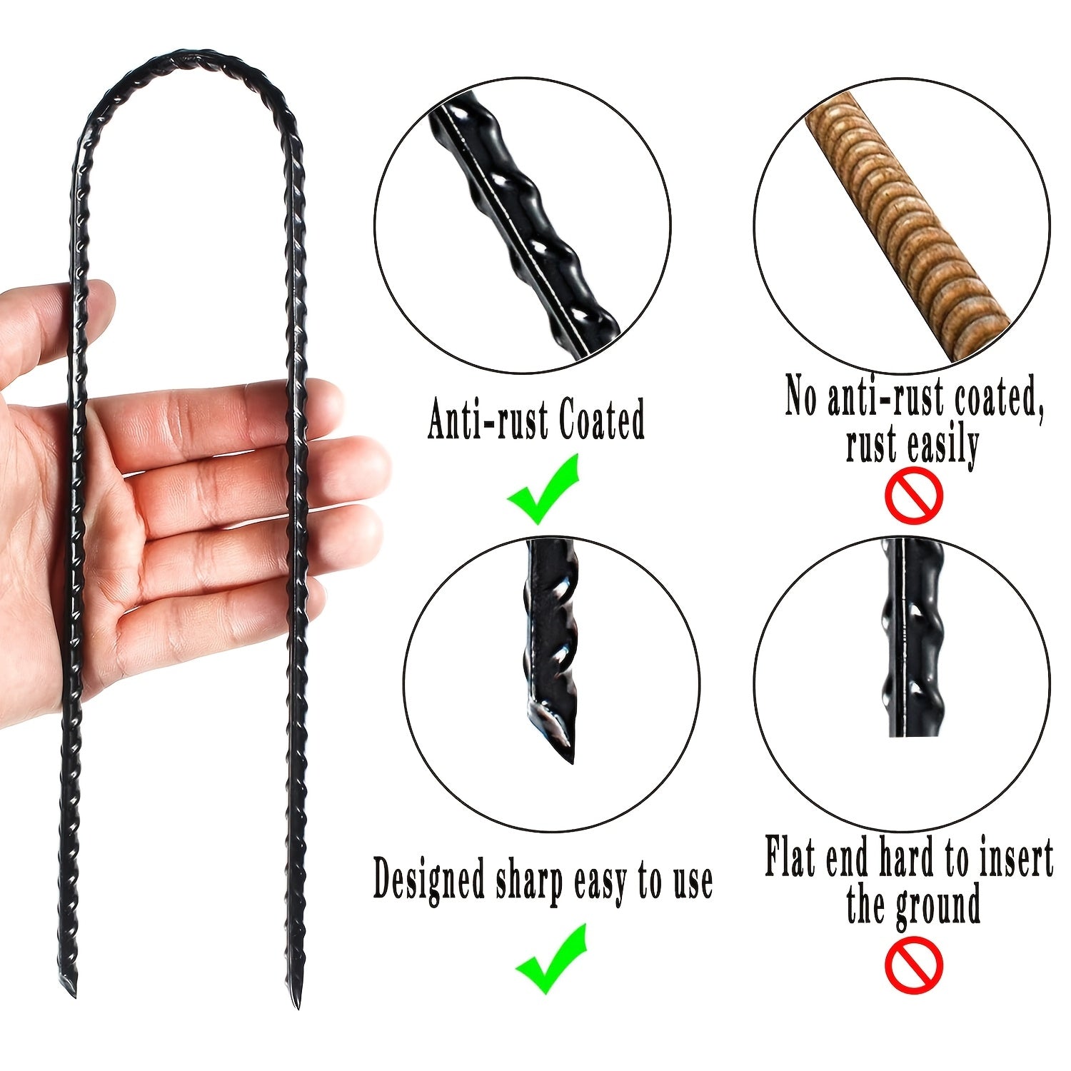 Trampoline Wind Stakes Ground Anchors – 10 Inch Heavy Duty Rebar Stakes with Black Powder Coat, Safety Anchor Kit for Trampoline, Tent & Outdoor Equipment, Anti-Tip Metal Landscape Staples, 12 or 24 Pack