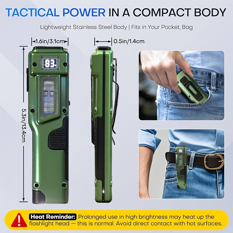 EDC Tactical Flashlight Set 2-Pack - Flat LED Torch + Mini Backup Light, 8 Modes LCD Display, USB-C Rechargeable, Aluminum Body with Back Clip for Camping, Survival & Gift