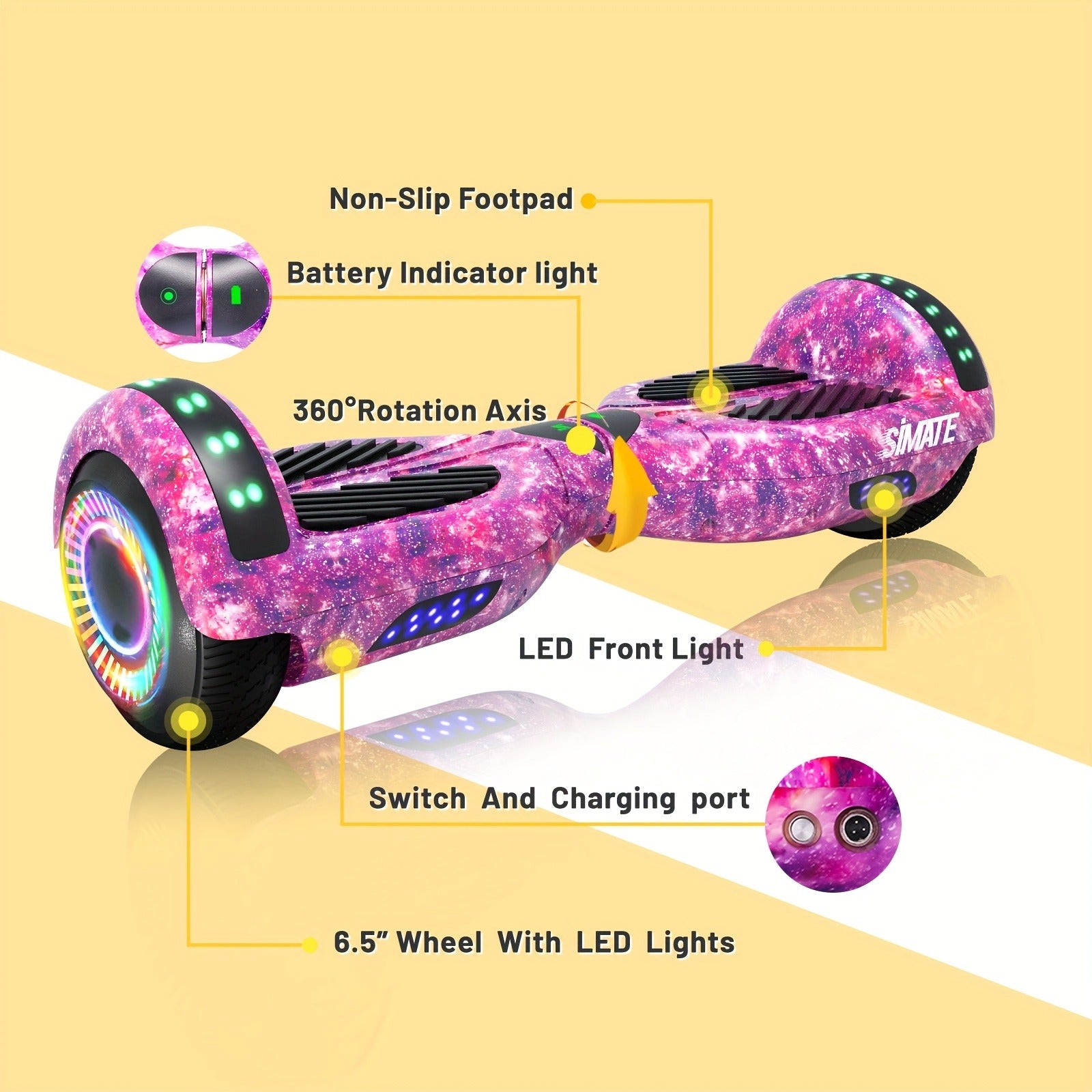 Self Balancing Hoverboard 6.5" LED Light Up Wheels 300W Motor 7.5MPH for Kids Teens Adults Multiple Colors