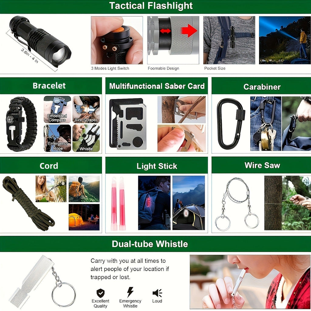 Survival Kit 37-in-1 Emergency Gear Set with Magnesium Fire Starter Flint Stone Safety Hammer Outdoor Survival Equipment for Camping Hiking Backpacking Emergency Preparedness Gift for Men Black