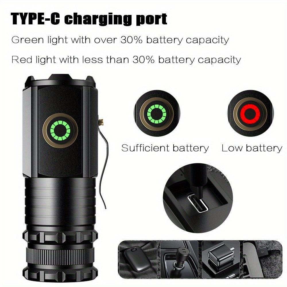 2000 Lumens Mini EDC Flashlight – Rechargeable 18650 Lithium Type-C, 4 Dimming Modes & Turbo, 300M Beam, Compact Pocket Torch for Camping, Hiking & Emergencies (Short/Long, Black/Classic)