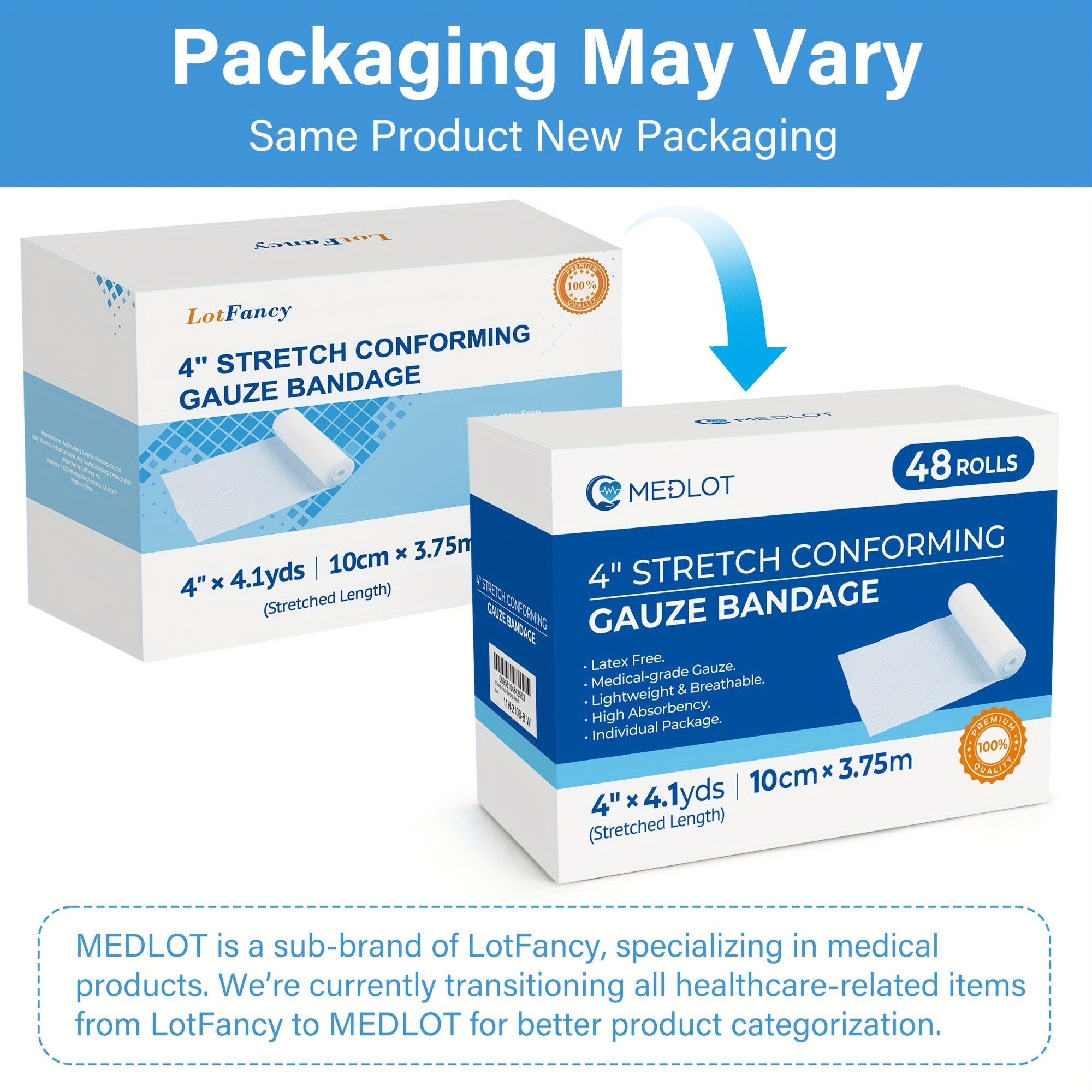 Stretch Gauze Bandage Roll 48 Count Individually Wrapped - 4 Inch x 4 Yards Latex Free Conforming Gauze Wrap for First Aid, Wrist, Knee, Wound Care, Hemostasis & Outdoor Emergency Medical Supplies