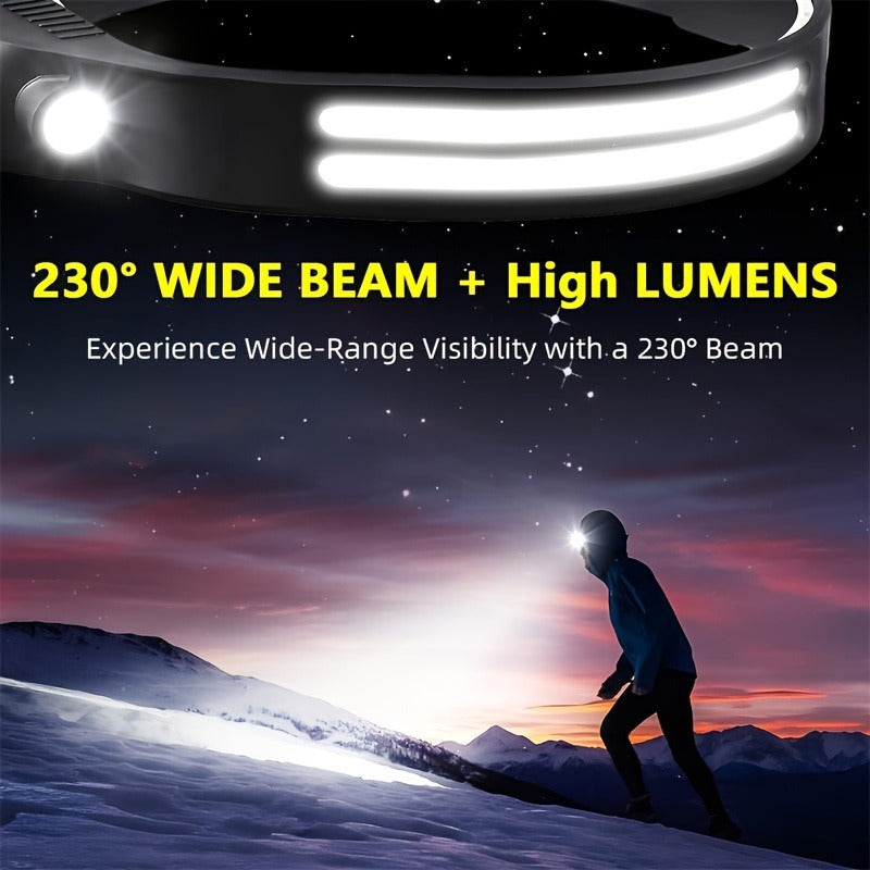 COB LED Headlamp 2 Pack 230° Wide Beam Motion Sensor Rechargeable Head Torch for Hiking Running Fishing Camping Hard Hat