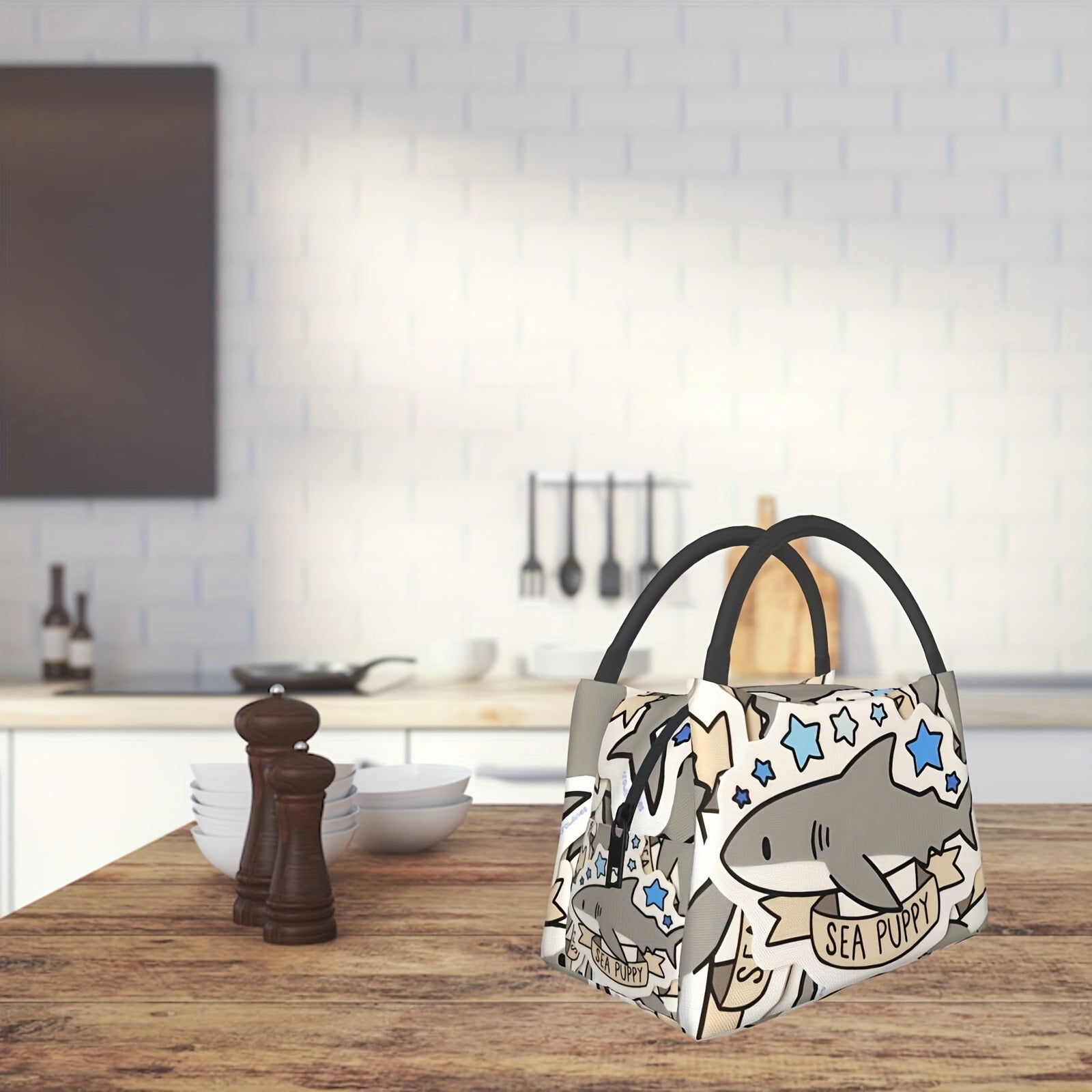 Cooler Bag with Grey Shark Pattern - Portable Reusable Insulated Lunch Bag for Camping, Picnic, Beach, Office, Home & Outdoor Use, Fun Kids & Adults Novelty Cooler Tote, 11 x 6.3 x 6.7 in