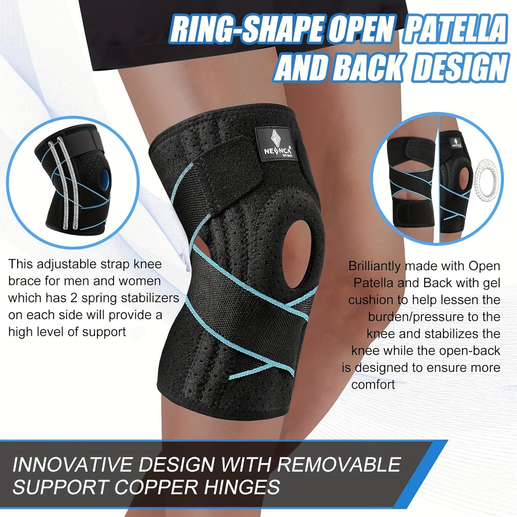 Knee Brace with Patella Gel Pad & Side Spring Stabilizers – Adjustable Compression Knee Support Wrap for Sports Running Workouts Camping, Breathable Knee Joint Stabilizer for Women Men, Blue & Black