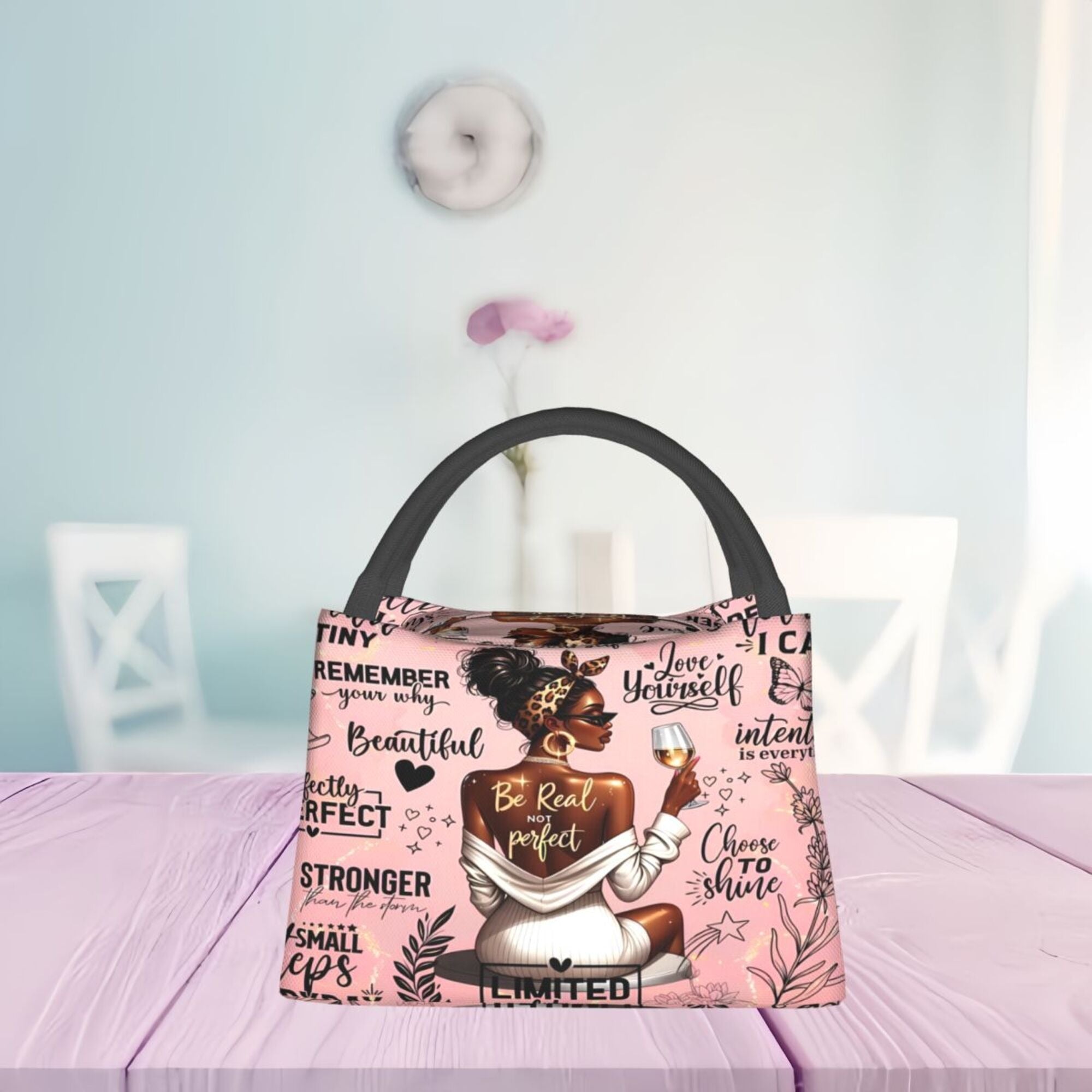 Insulated Lunch Bag with Black Girl Wine Tasting Pattern - Portable Reusable Cooler Bag for Camping, Picnic, Beach, Office & Outdoor Use, Perfect Birthday & Holiday Gift for Women, 10.6 x 6.3 x 6.7 in