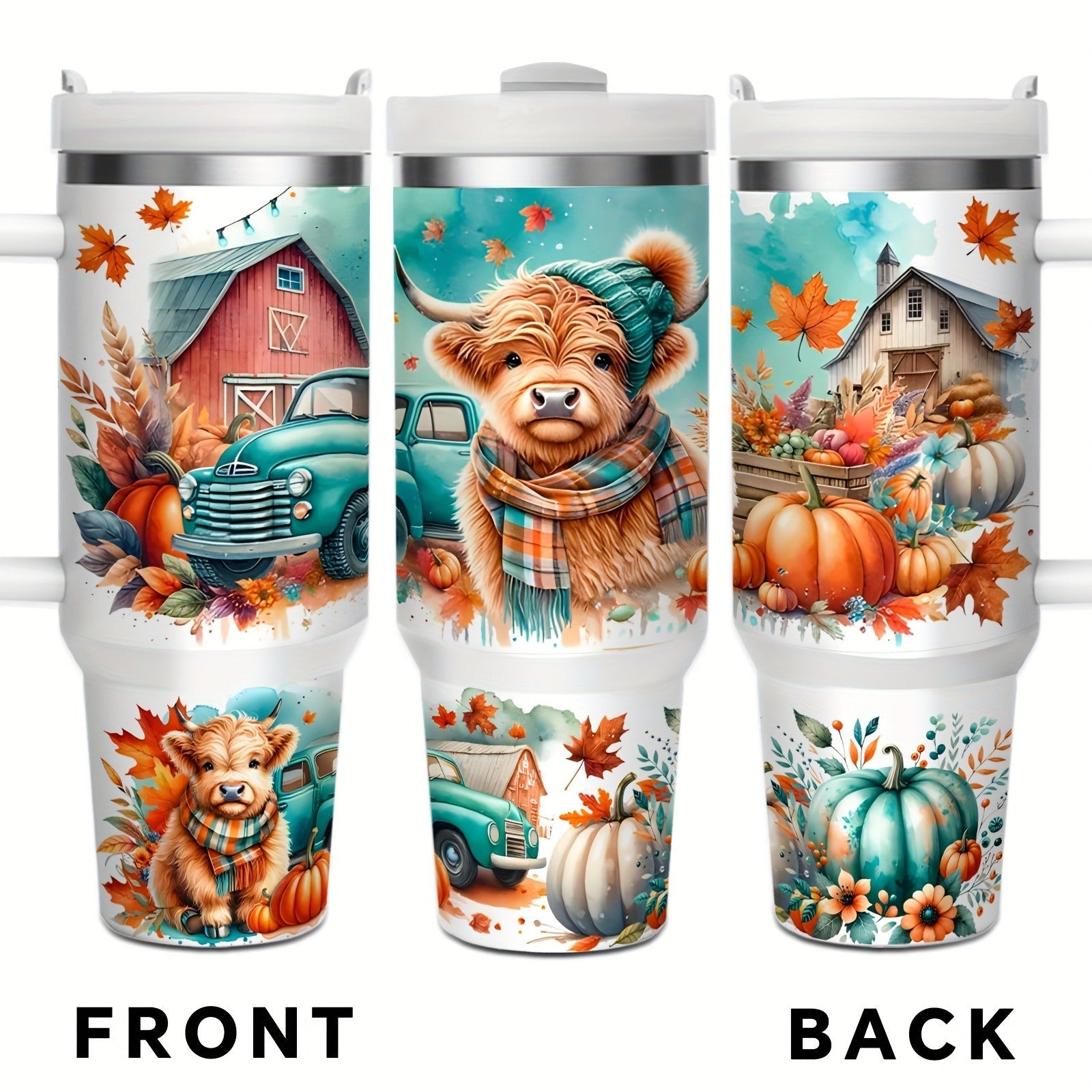 Stainless Steel Insulated Tumbler With Lid and Straw, 40oz & 16oz Highland Cow Thanksgiving Water Bottle With Handle, Keeps Cold 24 Hours Hot 12 Hours, Portable Travel Cup for Car Home Office Birthday Gift