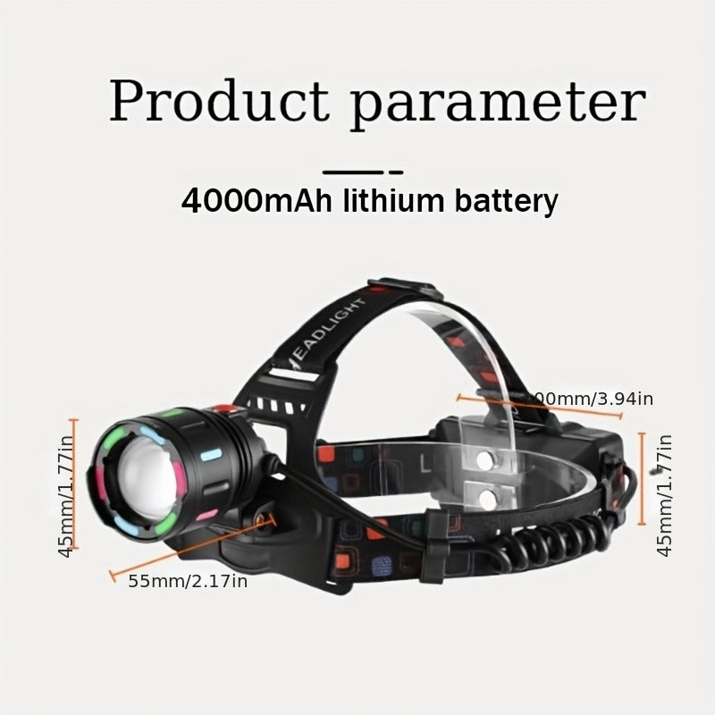 Zoomable LED Headlamp Rechargeable – Adjustable Focal Length, 90° Tilt, Warning Taillight, 4 Modes, Durable Head Torch for Camping, Hiking, Repair Work & Emergency Use