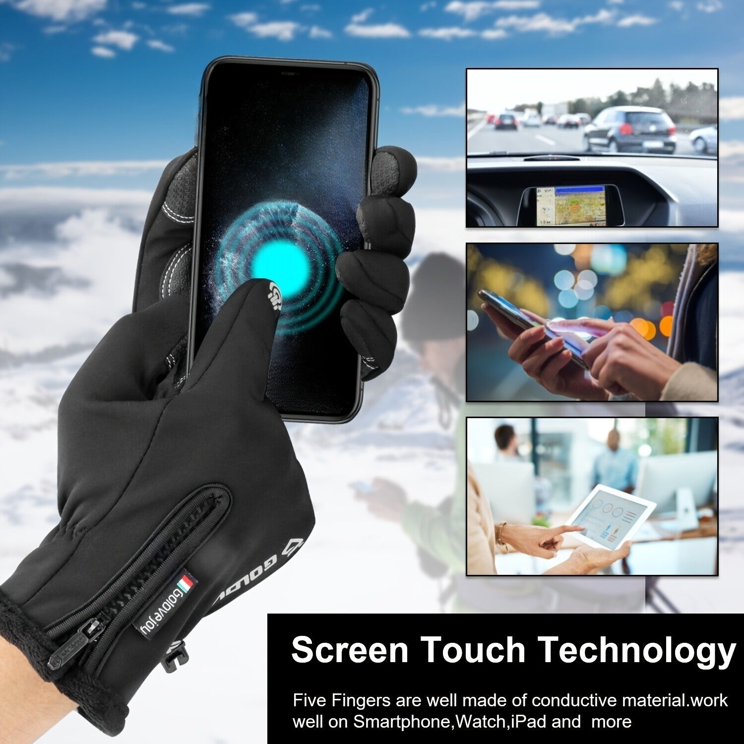Windproof Knit Gloves for Outdoor Riding & Skiing – 2 Pairs Full-Finger Slip-Resistant Winter Gloves | 100% Polyamide Warm Gloves for Men & Women | S M L XL XXL | Black Gray