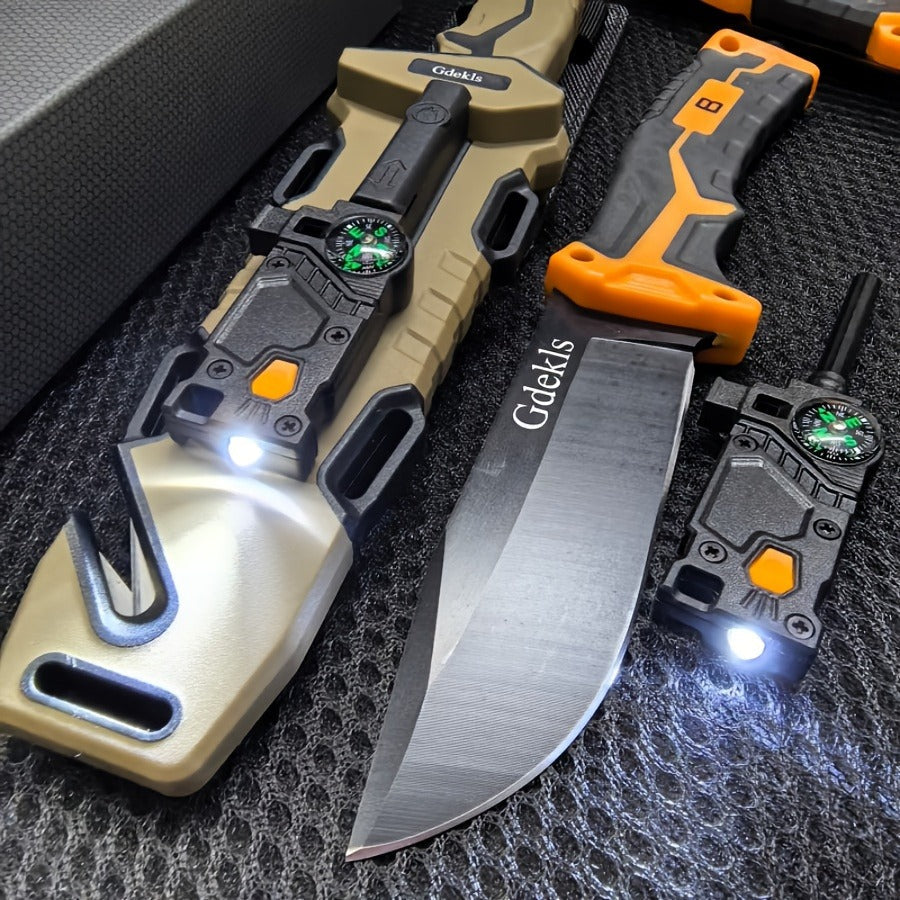 Fixed Blade Outdoor Camping Knife 9.64 Inch Stainless Steel, Survival Hunting Knife with Flint Fire Starter Night Light Sharpener Safety Sheath, Non-Slip Ambidextrous Handle for Hiking Mountaineering Adventure