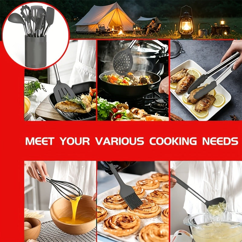 Silicone Kitchen Utensils Set 25pcs Nonstick Cooking Utensils with Stainless Steel Handle Food-Grade Silicone Spatulas Spoons Tongs Complete Kitchen Tool Set for Indoor Outdoor Cooking Grey Black Coffee