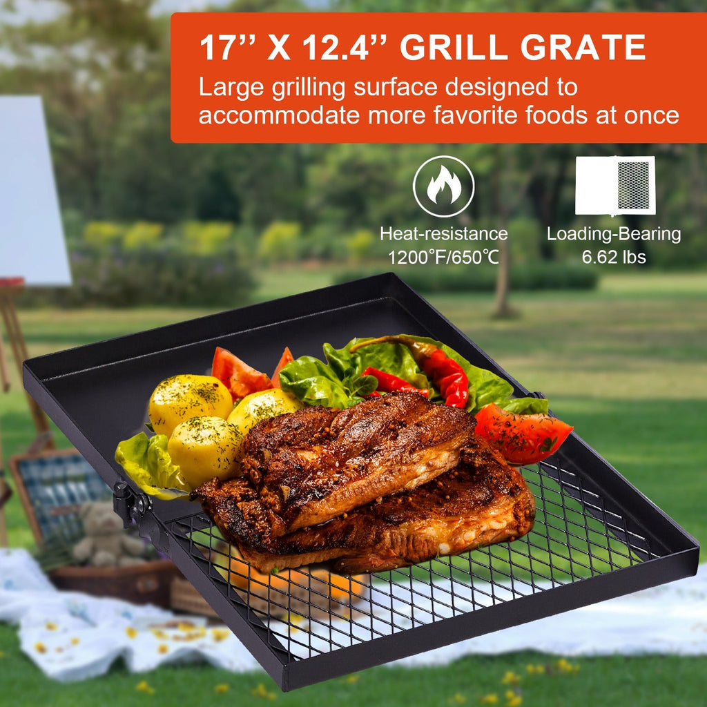 Portable Camping Grill Set – Heavy Duty Skillet Combo with Adjustable Grill Grate, Grill Pan & Carrying Bag – Steel & Iron Construction, 3 Size Options, Black Outdoor Cooking Kit