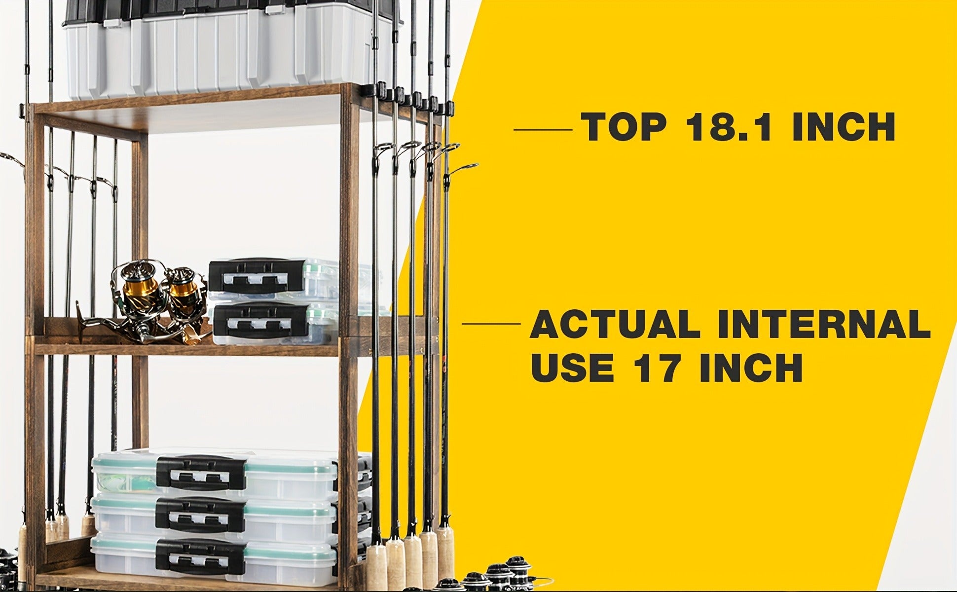 Wood Fishing Rod Holder for Garage Wall Mount – Holds Up to 10 Rods, Pole Rack with Tackle Storage Organizer, Fishing Gear Equipment Rack, Perfect Fishing Gifts for Men Dad