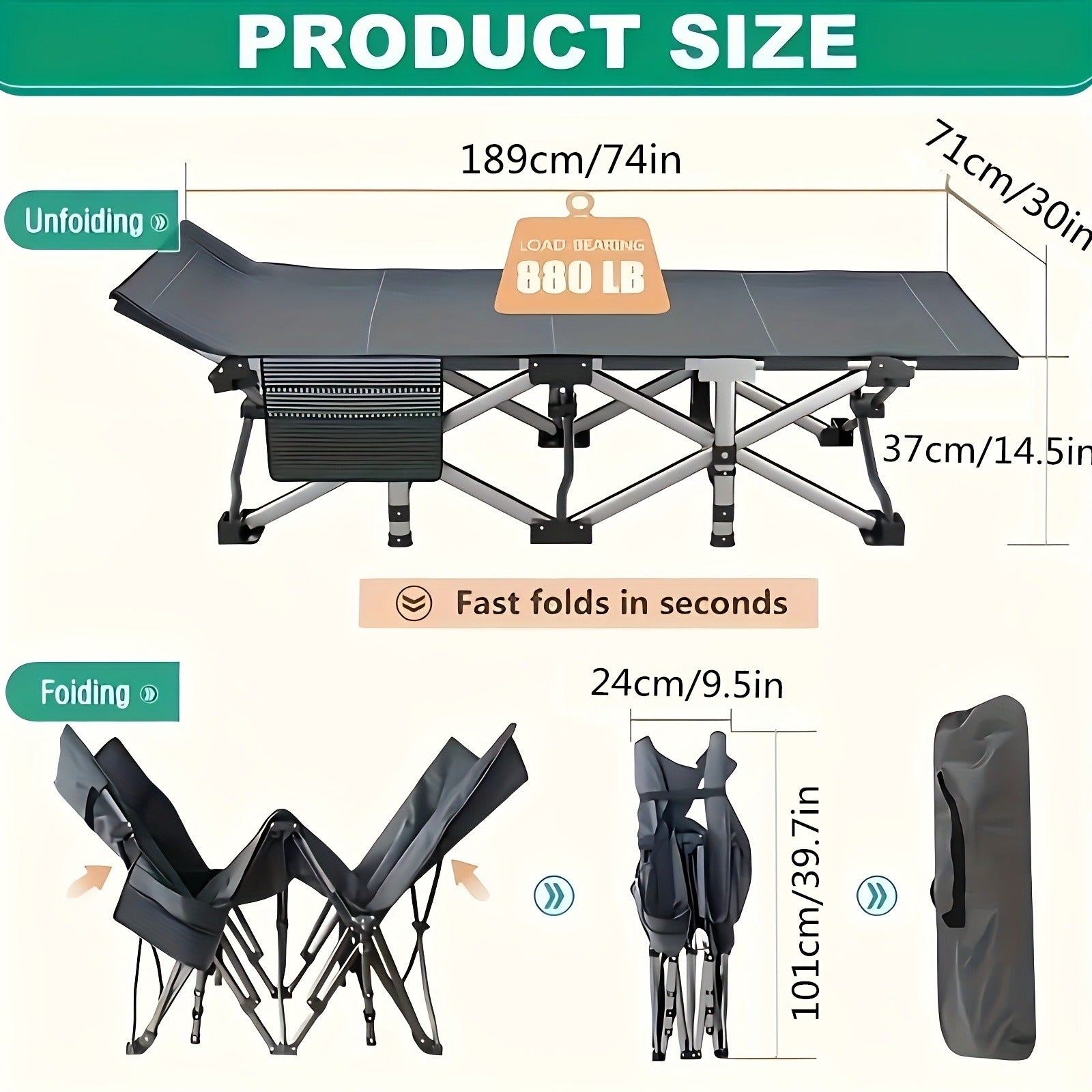 Camping Cot 74 Inch Heavy Duty Folding Bed – Portable Foldable Sleeping Cot with Double-Sided Plaid Mattress & Carry Bag, Outdoor Lounger for Sports Field, Backyard & Guest Use (74x30 in)