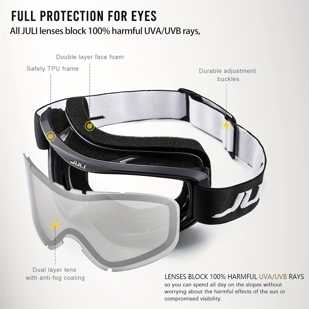 OTG Ski Goggles Double Layer Lens VLT12% – Over-the-Glasses Snow Goggles for Men, Women & Teens, Anti-Fog UV Protection for Alpine Skiing, Snowboarding, Skating & Snowmobile, Black/Silver