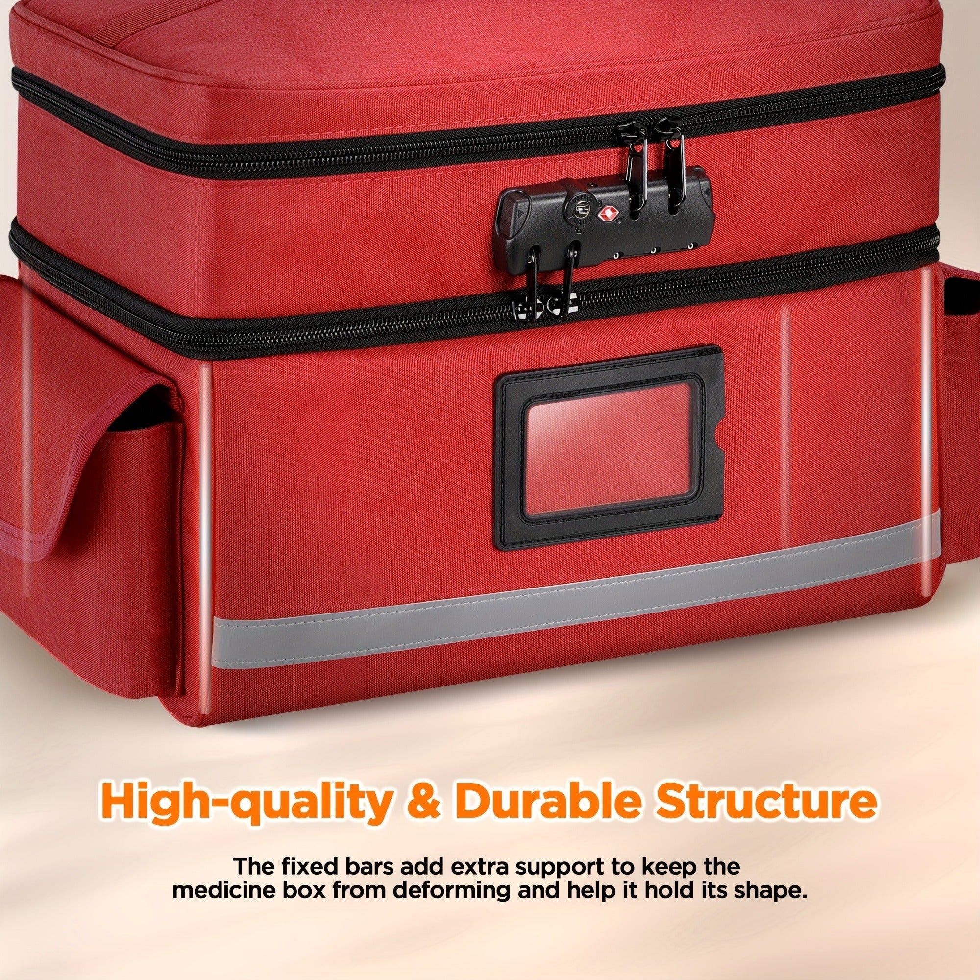 Lockable Medicine Organizer Bag with Combination Lock, Double-Layer Large Capacity Pill Bottle Storage Case for Prescription Bottles First Aid Supplies Home Travel, Portable Medication Carry Bag Red Grey Black