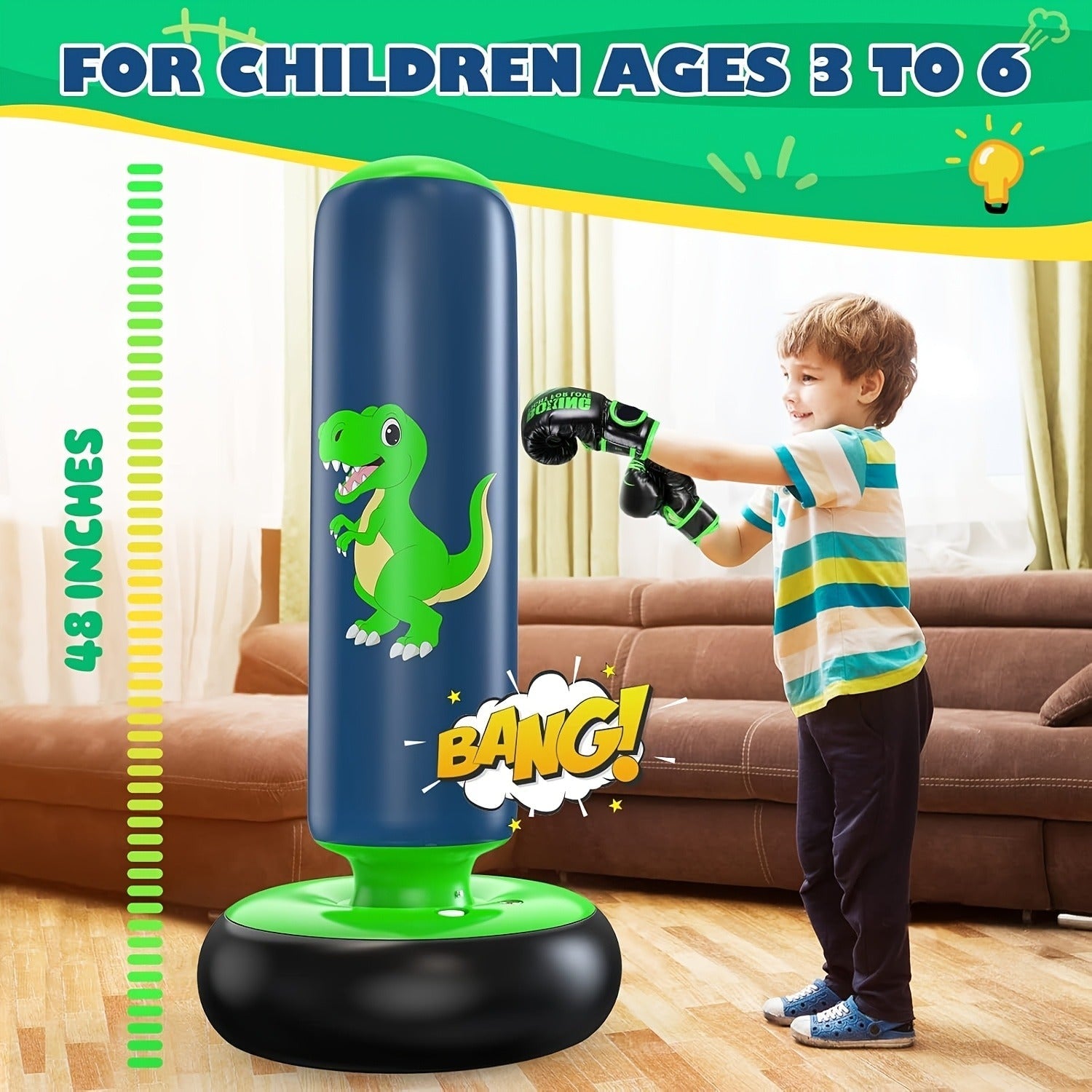 Kids Inflatable Punching Bag 48 Inch Dinosaur Bop Bag Toy for Boys Girls Ages 3-12 Boxing Training Karate Practice Gift
