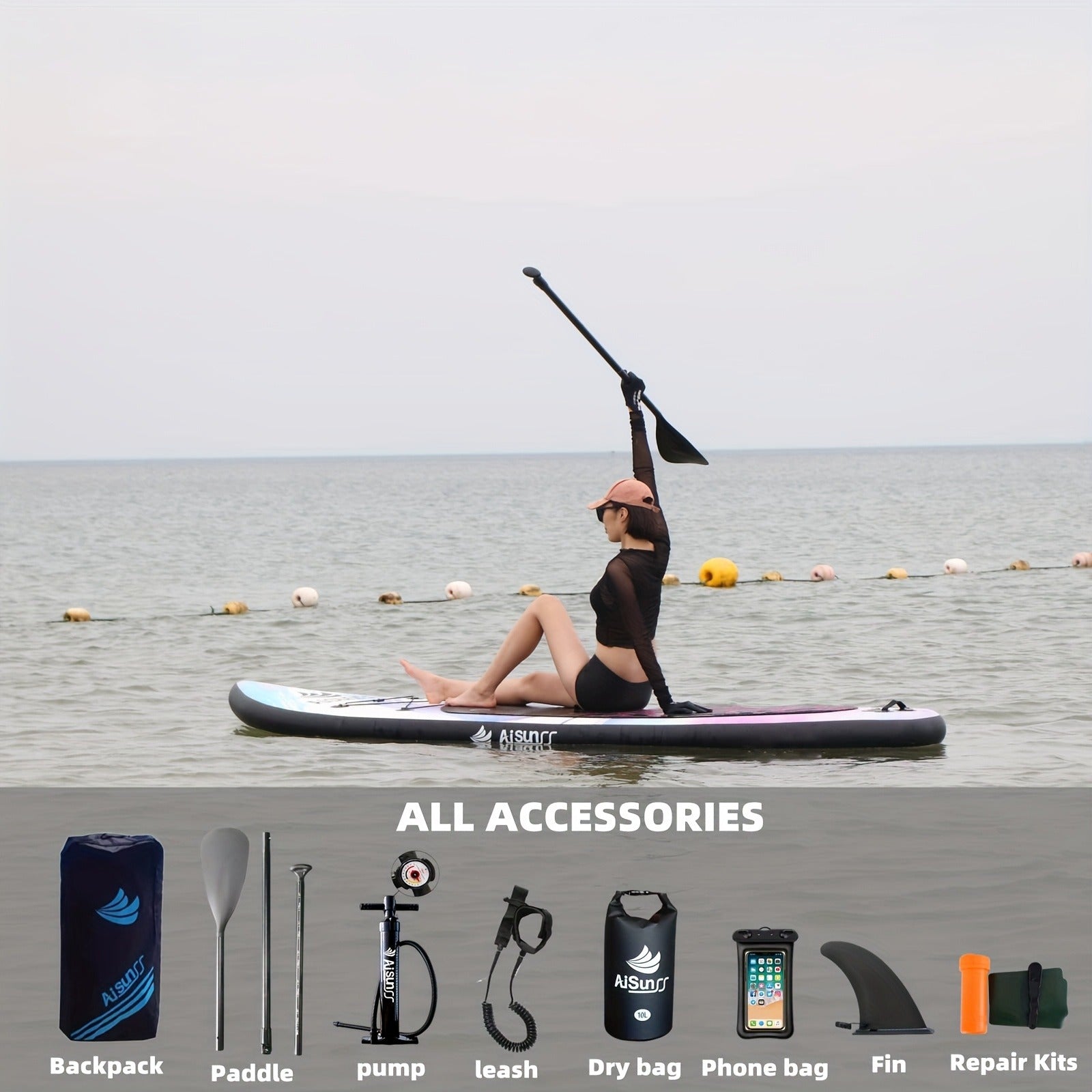 Wide SUP Board Inflatable Paddle Board – Carry Bag, Hand Pump, Water Bag & Adjustable Paddle Included | AISUNSS Adults All Skill Levels