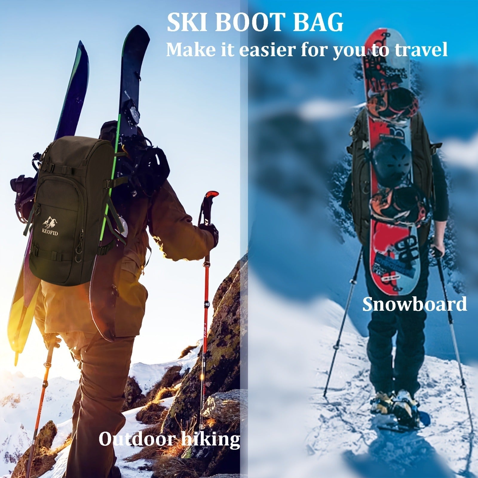 Ski Boot Bag Snowboard Backpack 40-50L Large Capacity Snow Gear Bag for Skiing Helmet Goggles Gloves Snowboard Accessories Winter Sports Equipment Bag Black