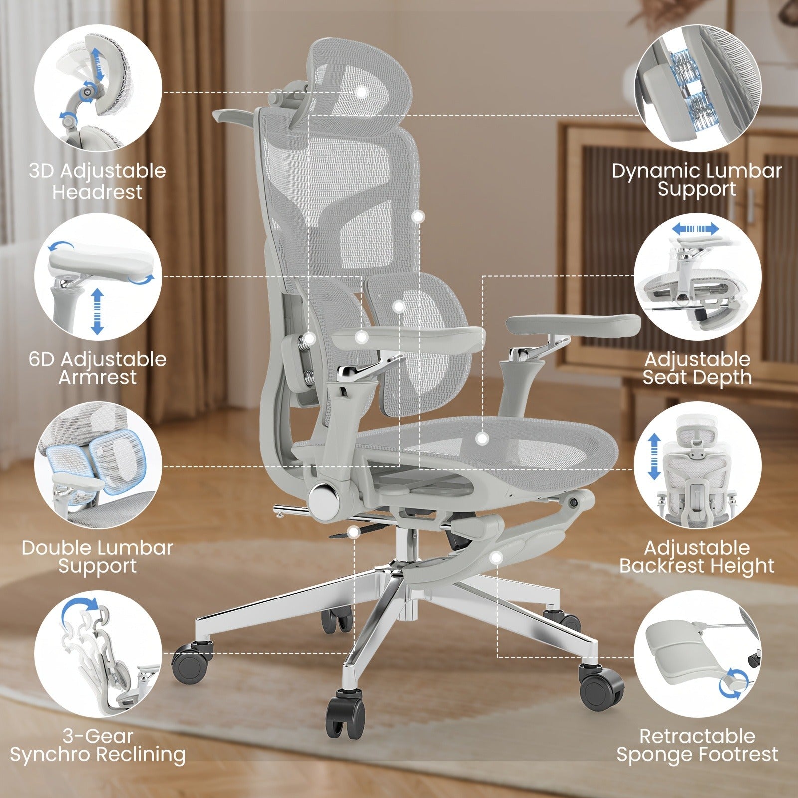 Ergonomic Office Chair with Footrest & 6D Armrests – High Back Lumbar Support Swivel Desk Chair for Home Office