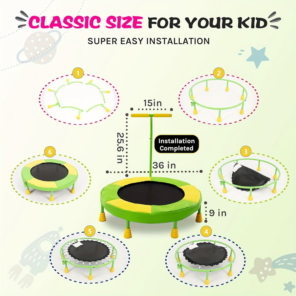 36 Inch Kids Indoor Trampoline with Handle - 7-Leg Safety Design, 2.0mm Steel Frame, 28 Coil Springs, Non-Slip Feet, PP Jump Mat, Compact Mini Toddler Trampoline for Home Bedroom Playroom Exercise