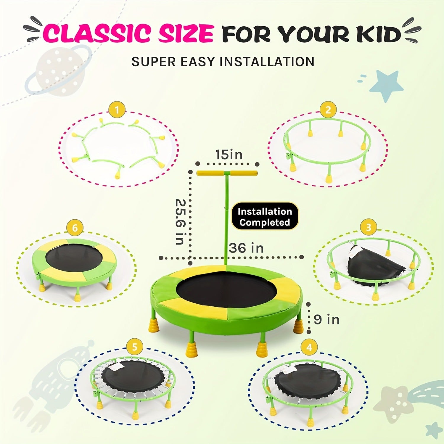 36 Inch Kids Indoor Trampoline with Handle - 7-Leg Safety Design, 2.0mm Steel Frame, 28 Coil Springs, Non-Slip Feet, PP Jump Mat, Compact Mini Toddler Trampoline for Home Bedroom Playroom Exercise