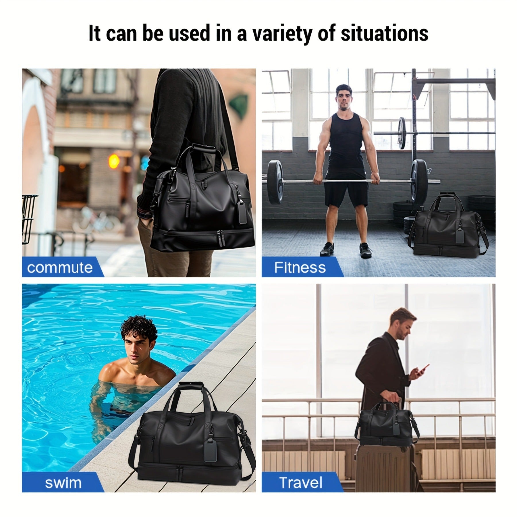 Gym Duffel Bag PU Foldable Sports Duffle with Shoe Compartment & Wet Pocket – Lightweight Weekender Travel Bag for Workout, Daily Use, Carry-On & Overnight Trips, Available in Black, Blue & Gray