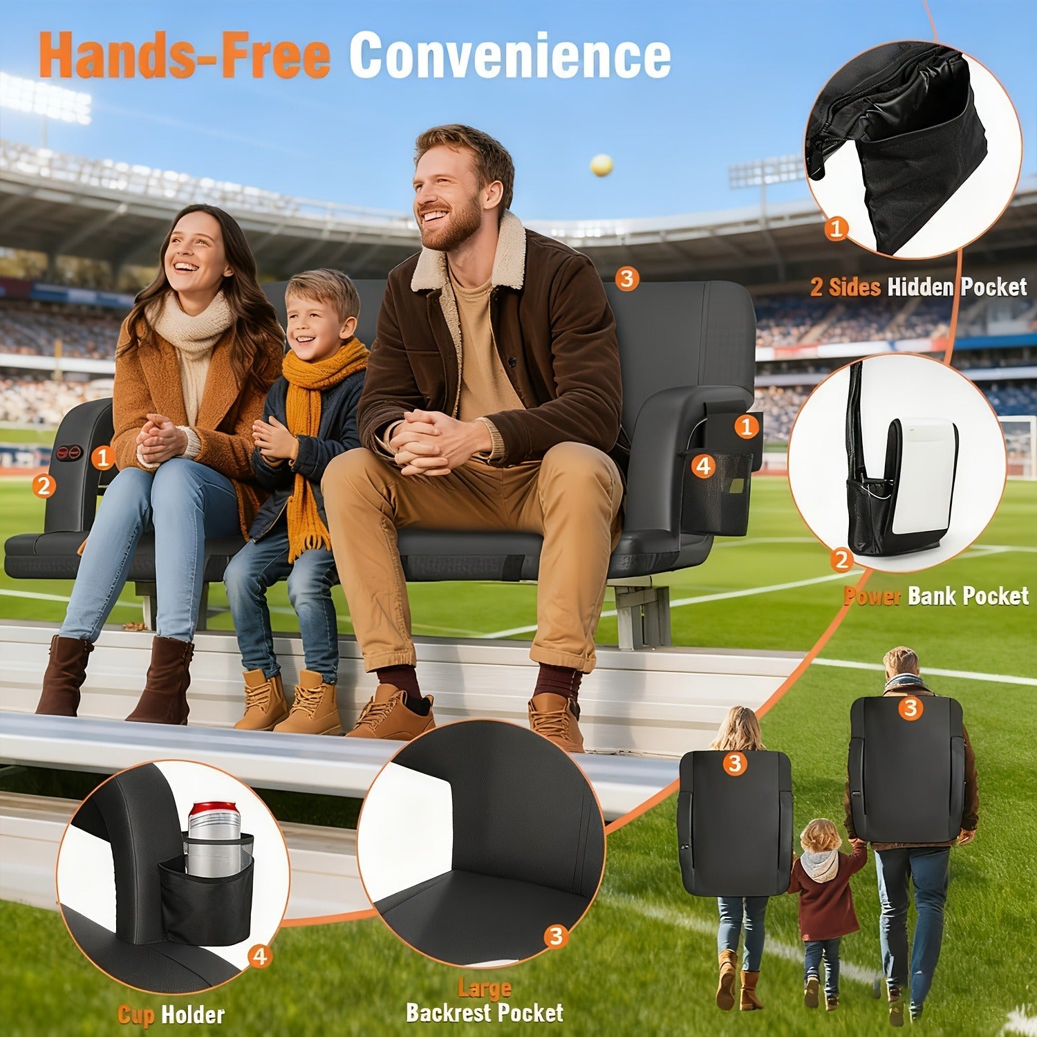 Heated Stadium Seat with Back Support for Bleachers 6 Reclining Positions 3 Heat Levels Dual-Zone USB Heated Bleacher Chair with 5 Storage Pockets Adjustable Armrests Portable Backpack Strap for Sports Games Concerts Outdoor Events
