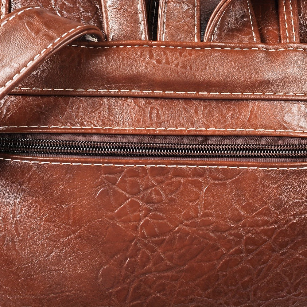 Vintage PU Leather Backpack Shoulder Satchel Multi-Carry Water Resistant Geometric Pattern Zipper Adjustable Strap for Men Women School Travel