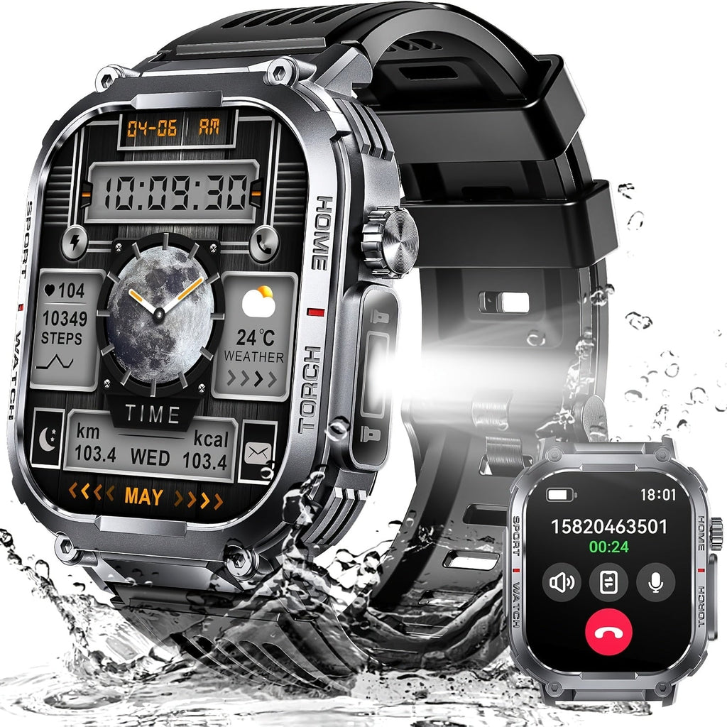 Smart Watch for Men with Call Function, IP68 Waterproof Outdoor Smartwatch 2.02" LED Flashlight, 400mAh Battery, Compass Pedometer Calorie Pressure Monitor Fitness Tracker for iPhone Android