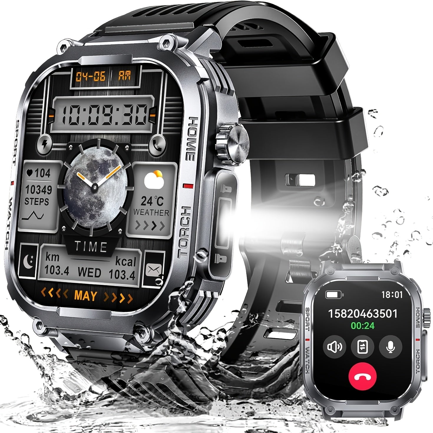 Smart Watch for Men with Call Function, IP68 Waterproof Outdoor Smartwatch 2.02" LED Flashlight, 400mAh Battery, Compass Pedometer Calorie Pressure Monitor Fitness Tracker for iPhone Android