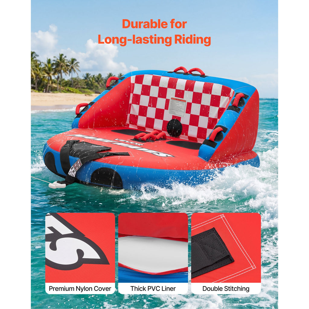 Towable Tube for Boating 2-Person – 340 lbs Inflatable D-Shape Boat Tube with Full Nylon Cover, Dual Tow Points, 10 Padded Handles & 2 Boarding Straps for Lake & River Water Sports