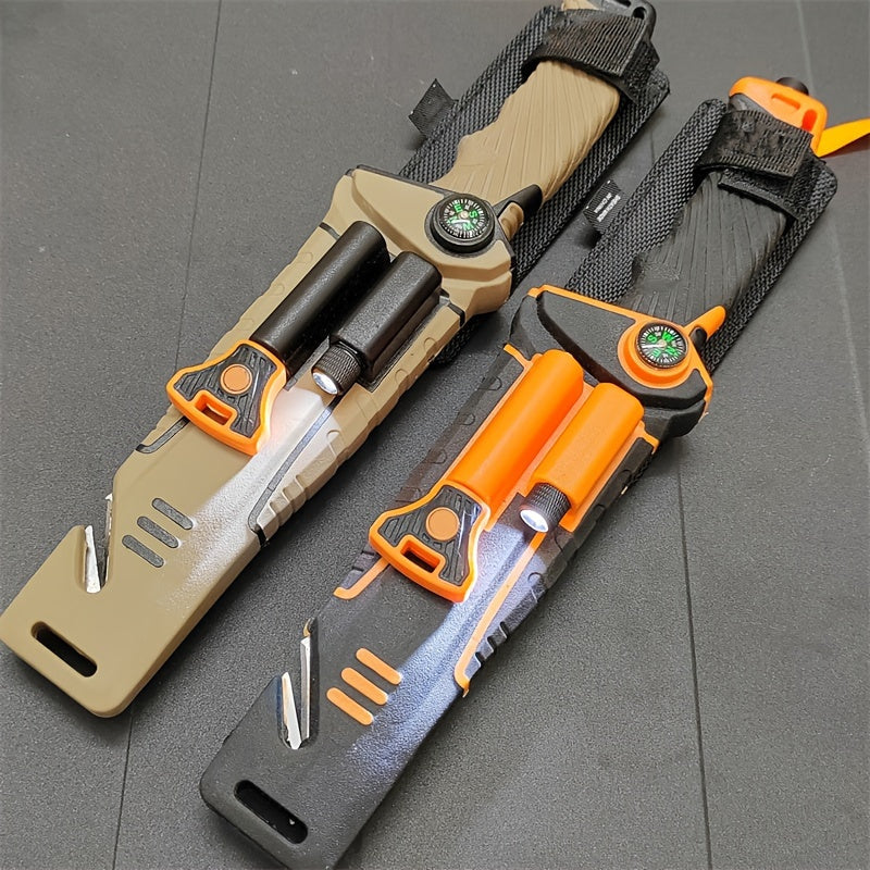 Fixed Blade Outdoor Camping Knife 9.64 Inch Stainless Steel, Survival Hunting Knife with Flint Fire Starter Night Light Sharpener Safety Sheath, Non-Slip Ambidextrous Handle for Hiking Mountaineering Adventure