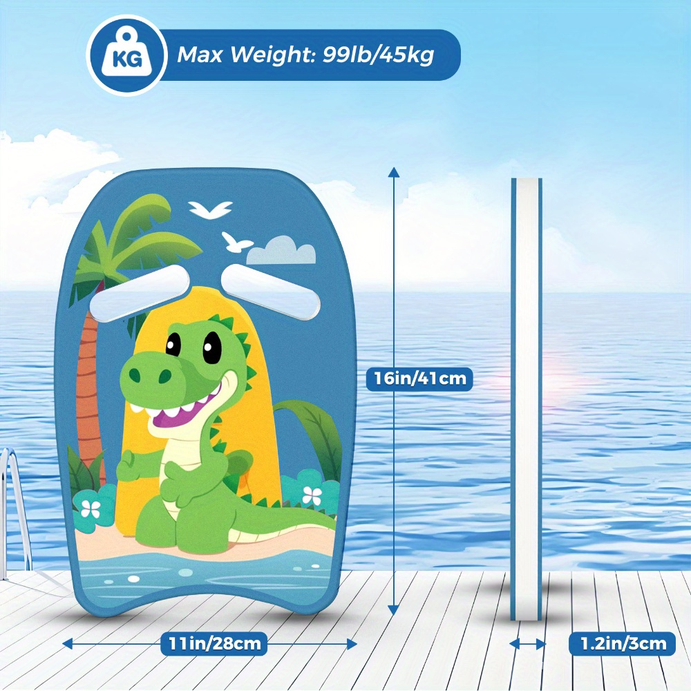 Kids Swimming Kickboard – Cute Dinosaur Cartoon Design, Blue Buoyant Foam Pool Training Aid for Toddlers Children, Stroke Development Water Safety Swim Board