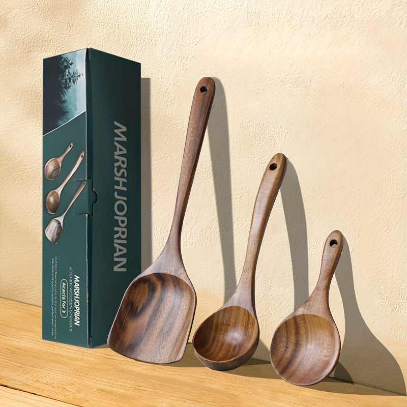 Teak Wood Kitchen Utensil Set 3 Piece Solid Wood Cooking Spoon Rice Spoon High Temperature Resistant Non-Stick Pan Safe Wooden Cooking Utensils Polished Finish Household Kitchen Tools
