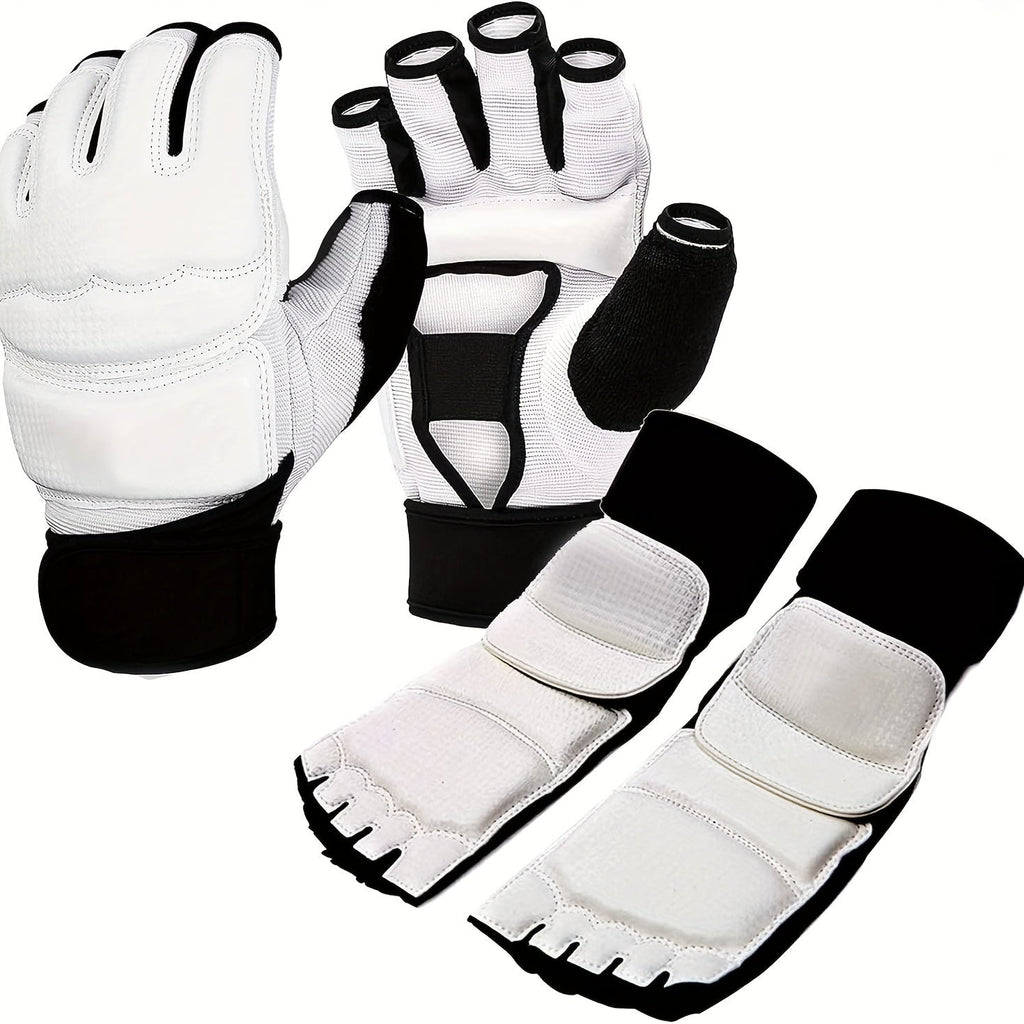 Taekwondo Sparring Gear Set Half Finger Gloves Hand & Foot Protectors with Wrist Wraps & Ankle Support for Boxing Kickboxing Men Women