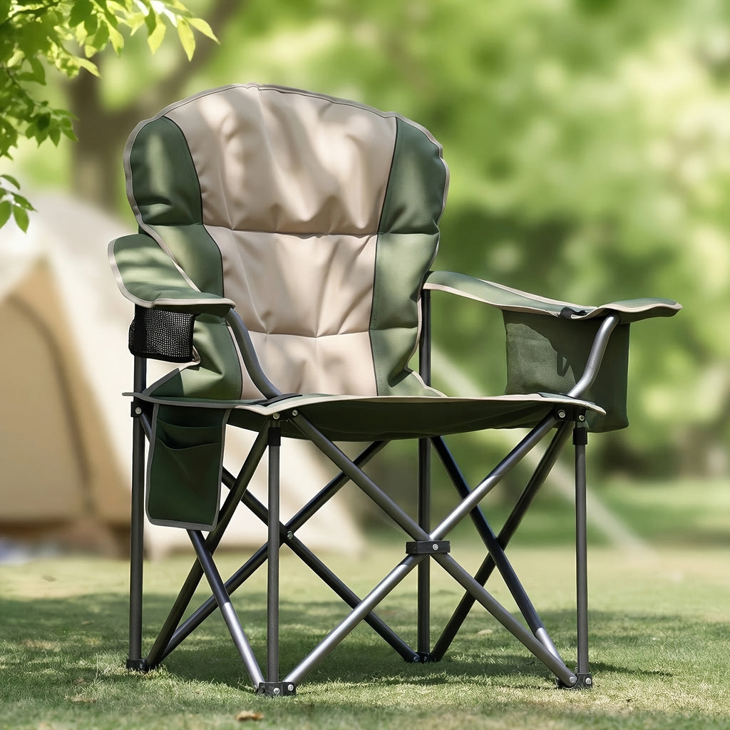 Heavy Duty Folding Camping Chair 600 Lbs Capacity – Padded Seat, Insulated Cooler Bag, Organizer Pockets & 2 Cup Holders for Camping, Beach, Fishing & Outdoor Events