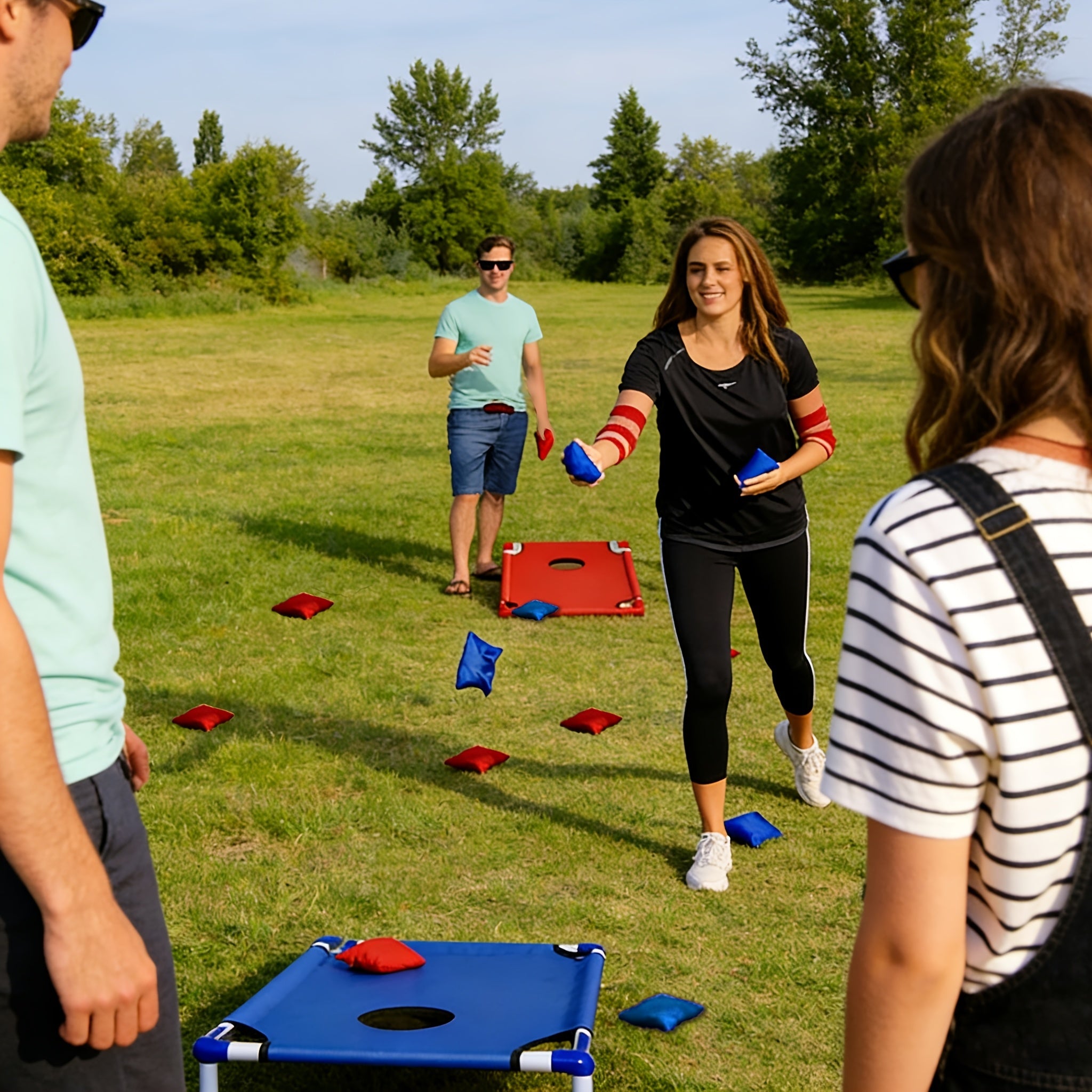 Portable Cornhole Game Set with 12 Bean Bags, Red & Blue Outdoor Toss Game Board for Backyard Camping Family Parties Holiday Gifts
