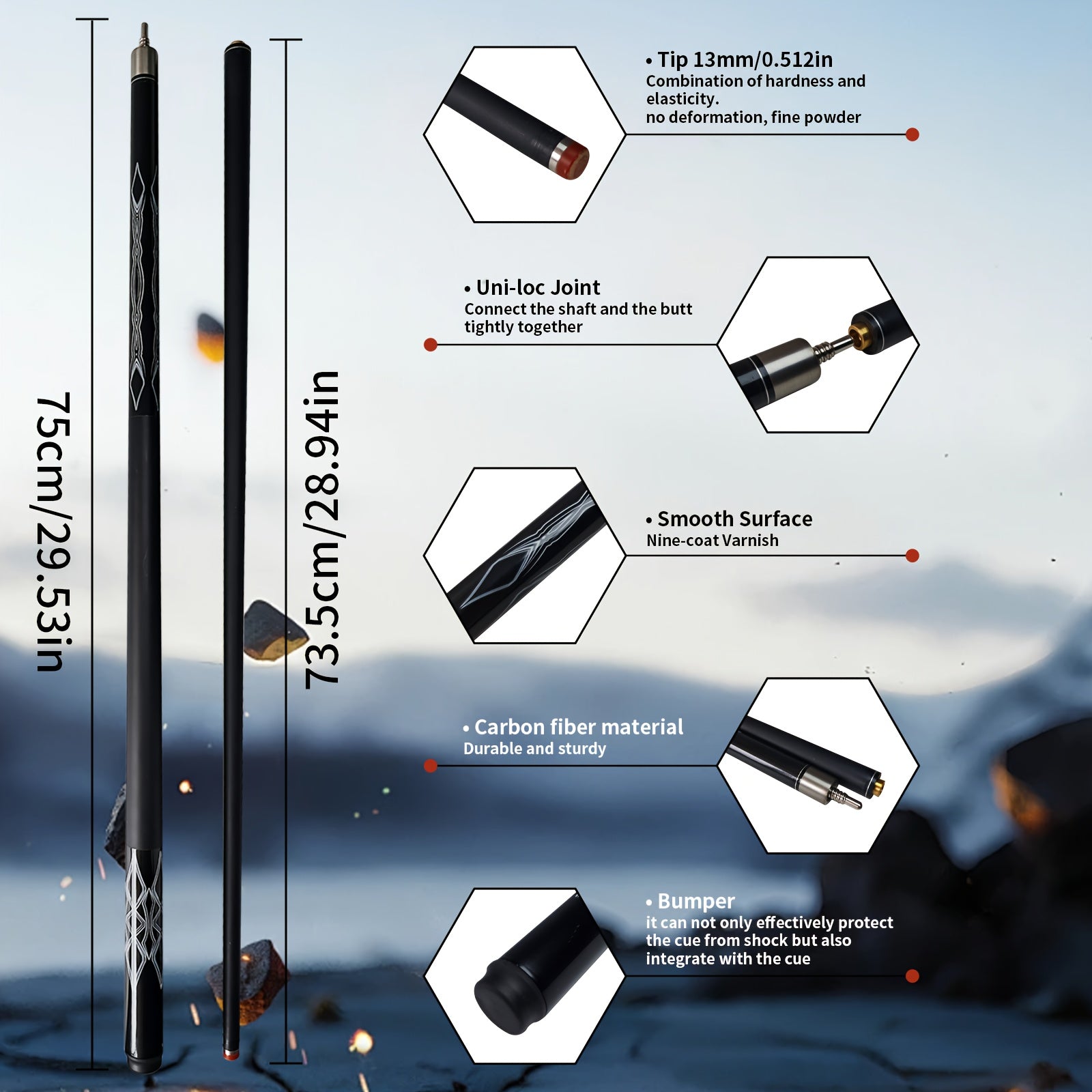 Carbon Fiber Pool Cue 57 Inch 13mm Tip – 2pcs Modular Design, Low Deflection, Piano Lacquer Finish, Stainless Steel Joint – Professional Billiard Cue for 8 Ball, 9 Ball, Home, Tournament & Club
