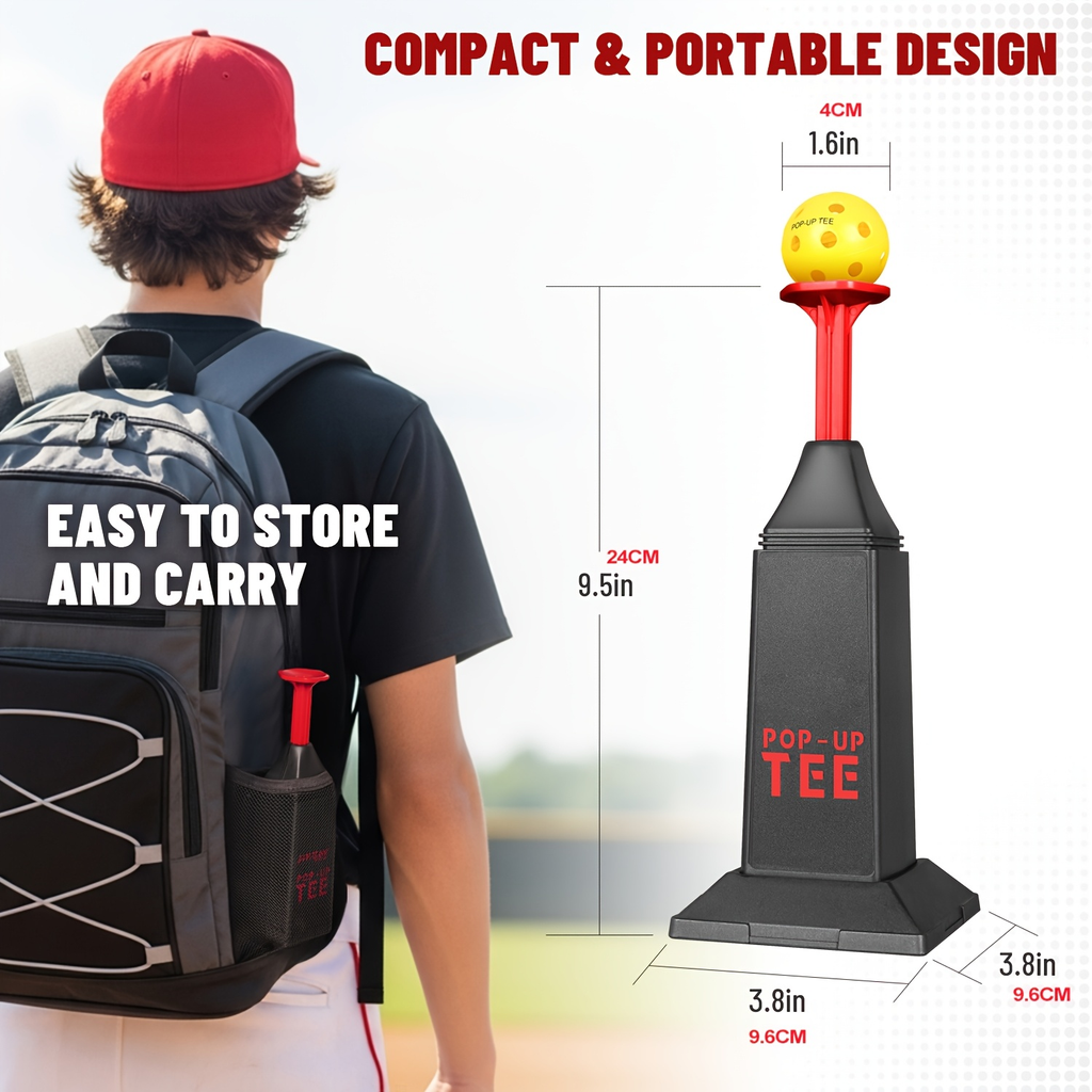 Baseball Softball Hitting Tee with Popper & 12 Mini Balls | Launches Up to 40 Inches High | No Battery Required | Kids Youth Batting Practice Training Set Black Red