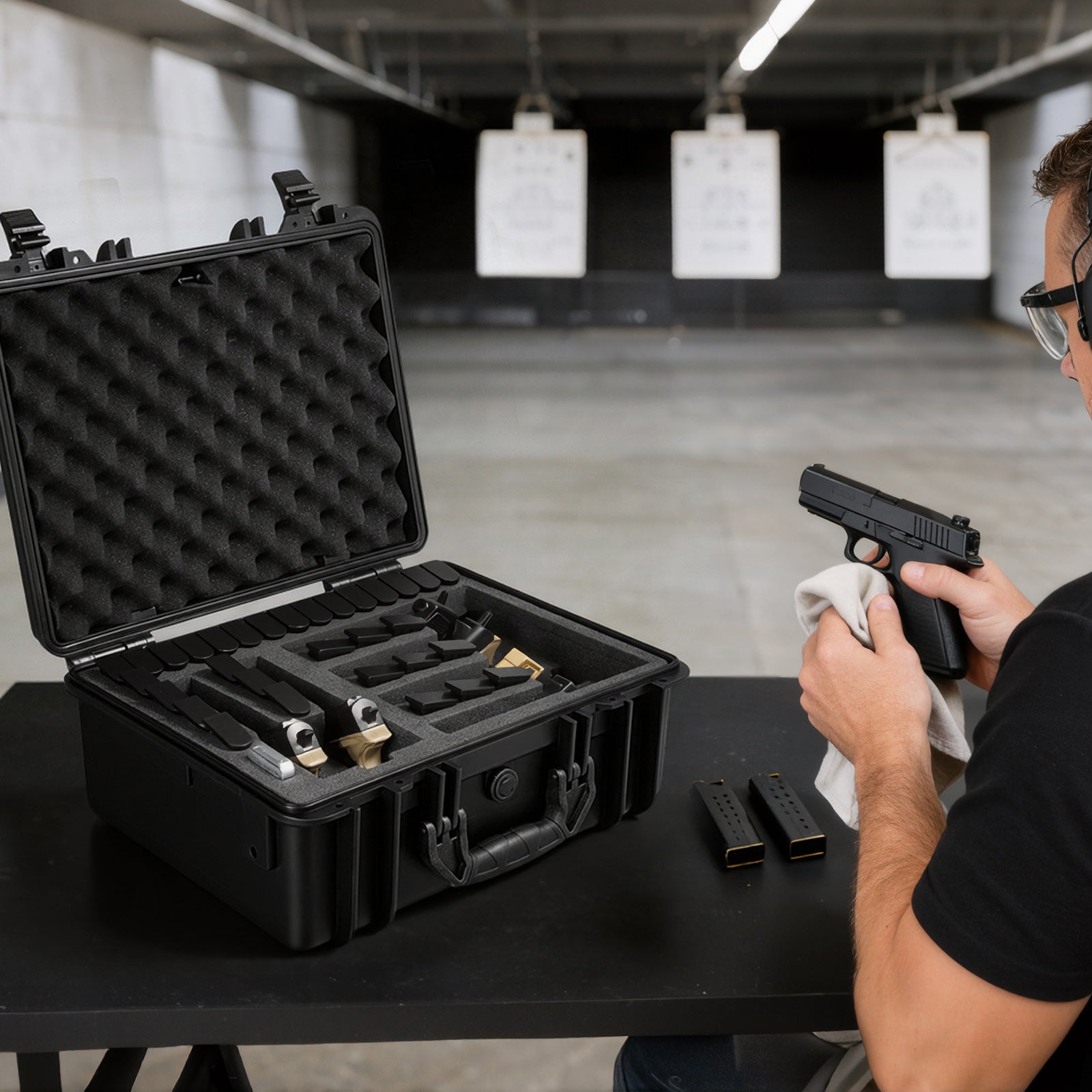 Hard Gun Case with Modular XPE Foam Interior – Heavy Duty Pistol Storage Box with Metal Hinges, 4 Lock Holes & Pressure Valve, Fits Glock & 6 Magazines, 18.7x12.5x7.5 in