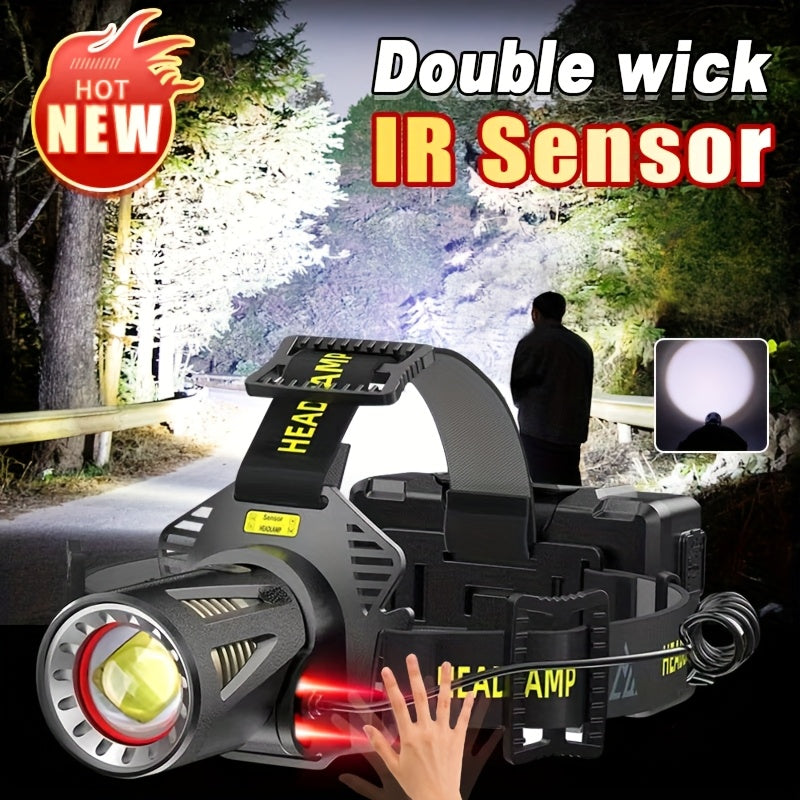 XHP360 Rechargeable Headlamp 3 Modes Sensor 90° Tilt Power Bank Type-C 3x18650 Zoomable Head Torch for Fishing Camping Hiking