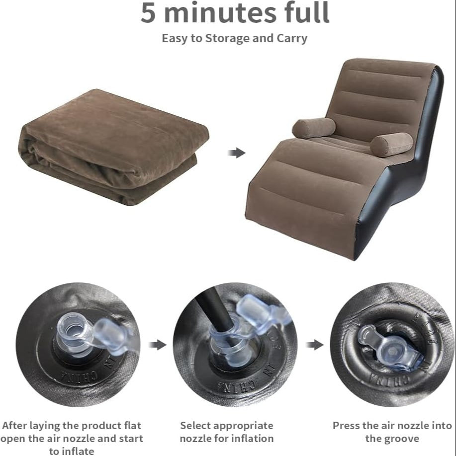 Portable PVC Inflatable Recliner Chair with Air Pump – S-Shape Ergonomic Sofa Bed for Outdoor & Indoor Use, Camping, Beach, Garden, Courtyard & Travel, Modern Backrest Lounger, Coffee Brown & Pink
