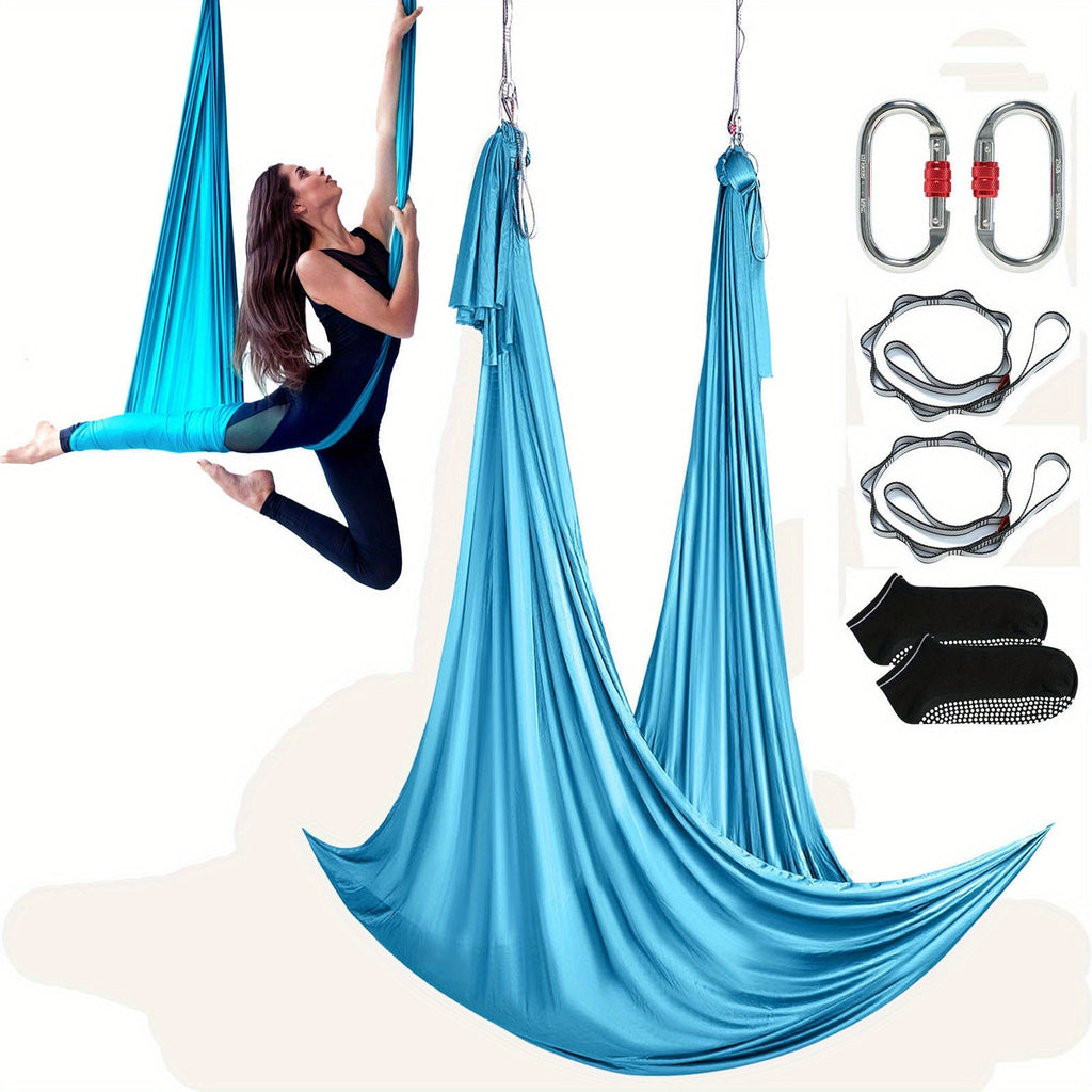Aerial Yoga Hammock Kit 8.7 Yards – 100GSM Nylon Anti-Gravity Yoga Swing with Full Rigging Hardware, Aerial Silk for All Levels, Home & Studio Aerial Yoga Setup, Light Blue / Golden / Gradient