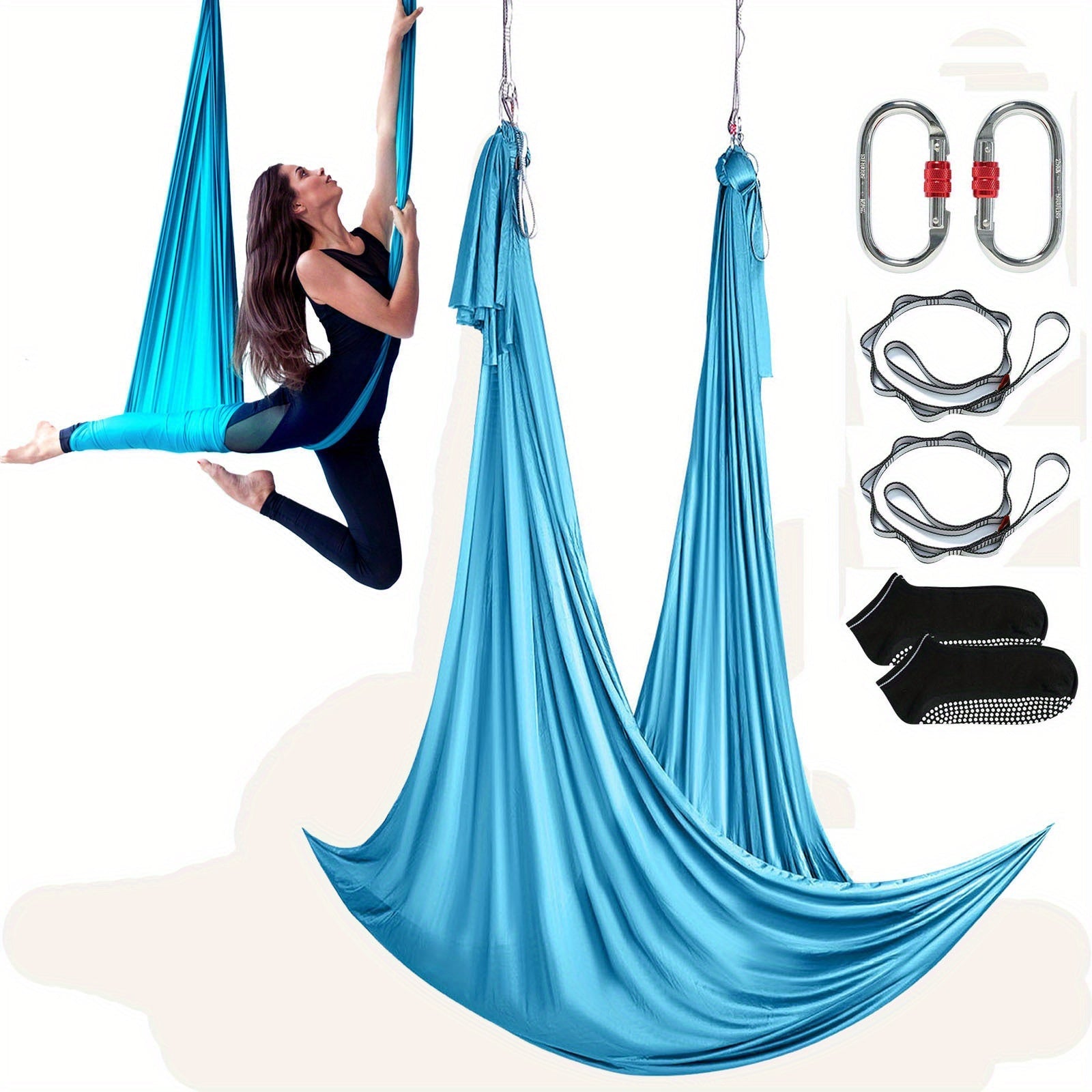Aerial Yoga Hammock Kit 8.7 Yards – 100GSM Nylon Anti-Gravity Yoga Swing with Full Rigging Hardware, Aerial Silk for All Levels, Home & Studio Aerial Yoga Setup, Light Blue / Golden / Gradient